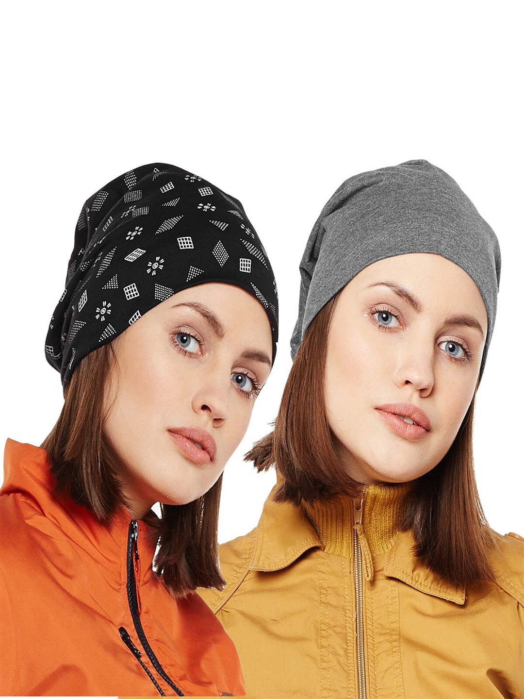 

VIMAL JONNEY Women Black & Grey Pack Of 2 Printed Beanie