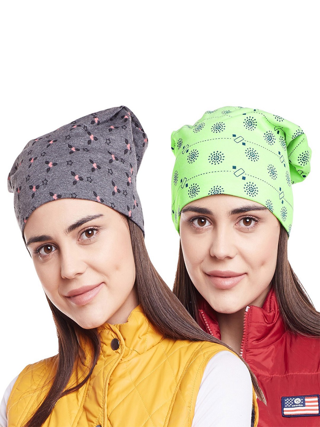 

VIMAL JONNEY Women Grey & Green Pack Of 2 Printed Beanie