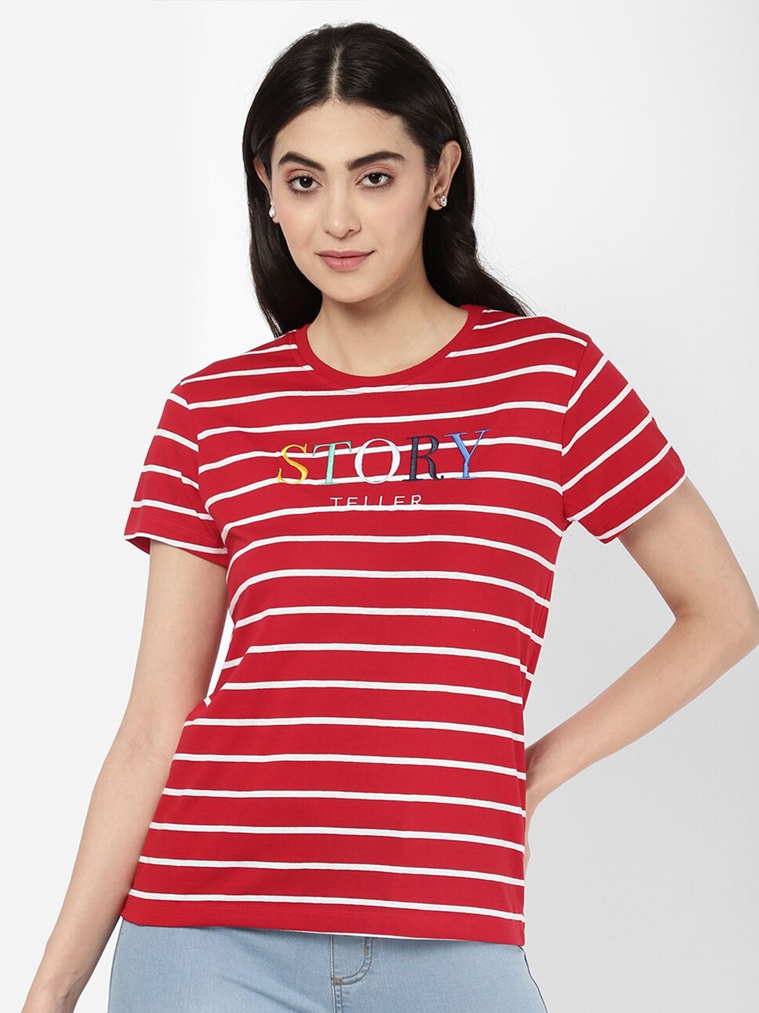 

R&B Women Red Cotton Striped T-shirt