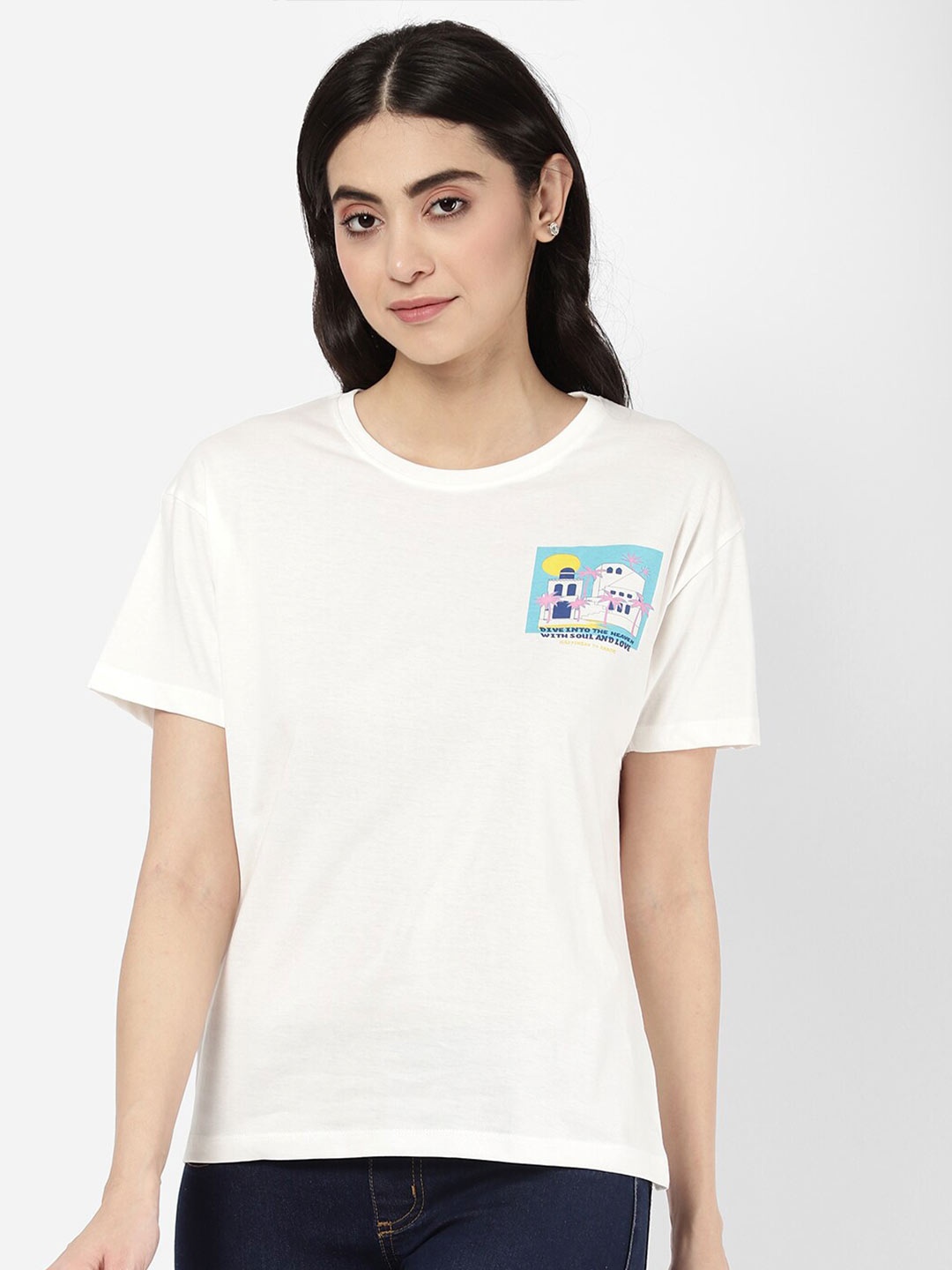 

R&B Women White Cotton Printed T-shirt