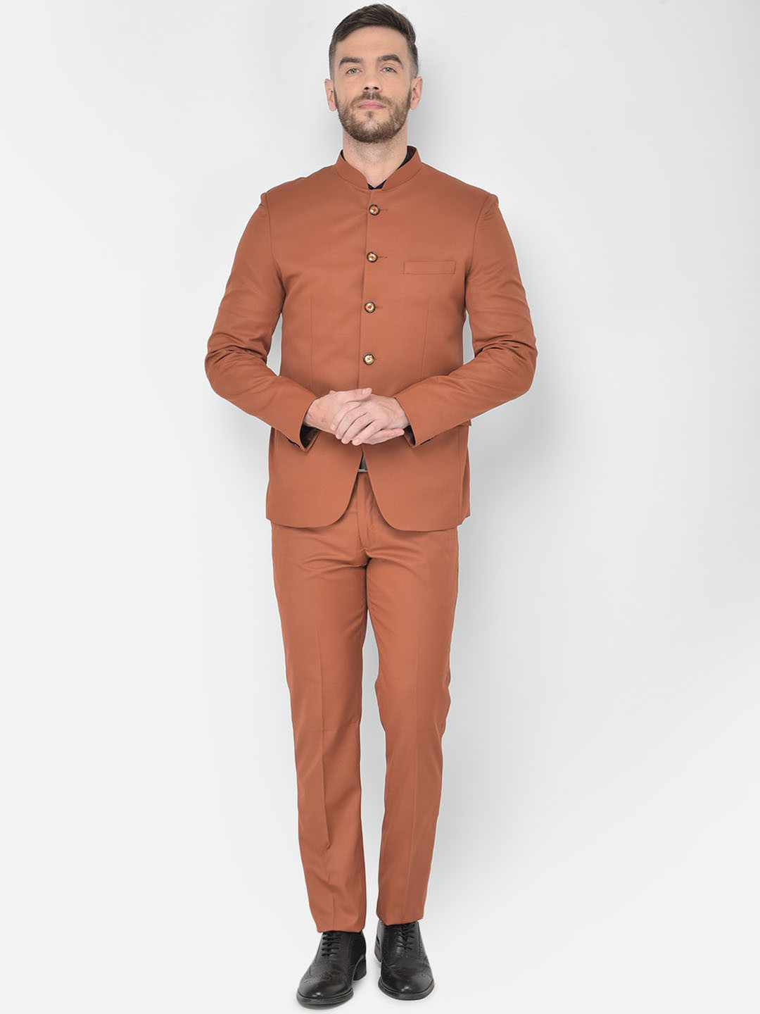 

SG RAJASAHAB Men Brown Solid Single-Breasted 2-Pc Bandhgala Suit