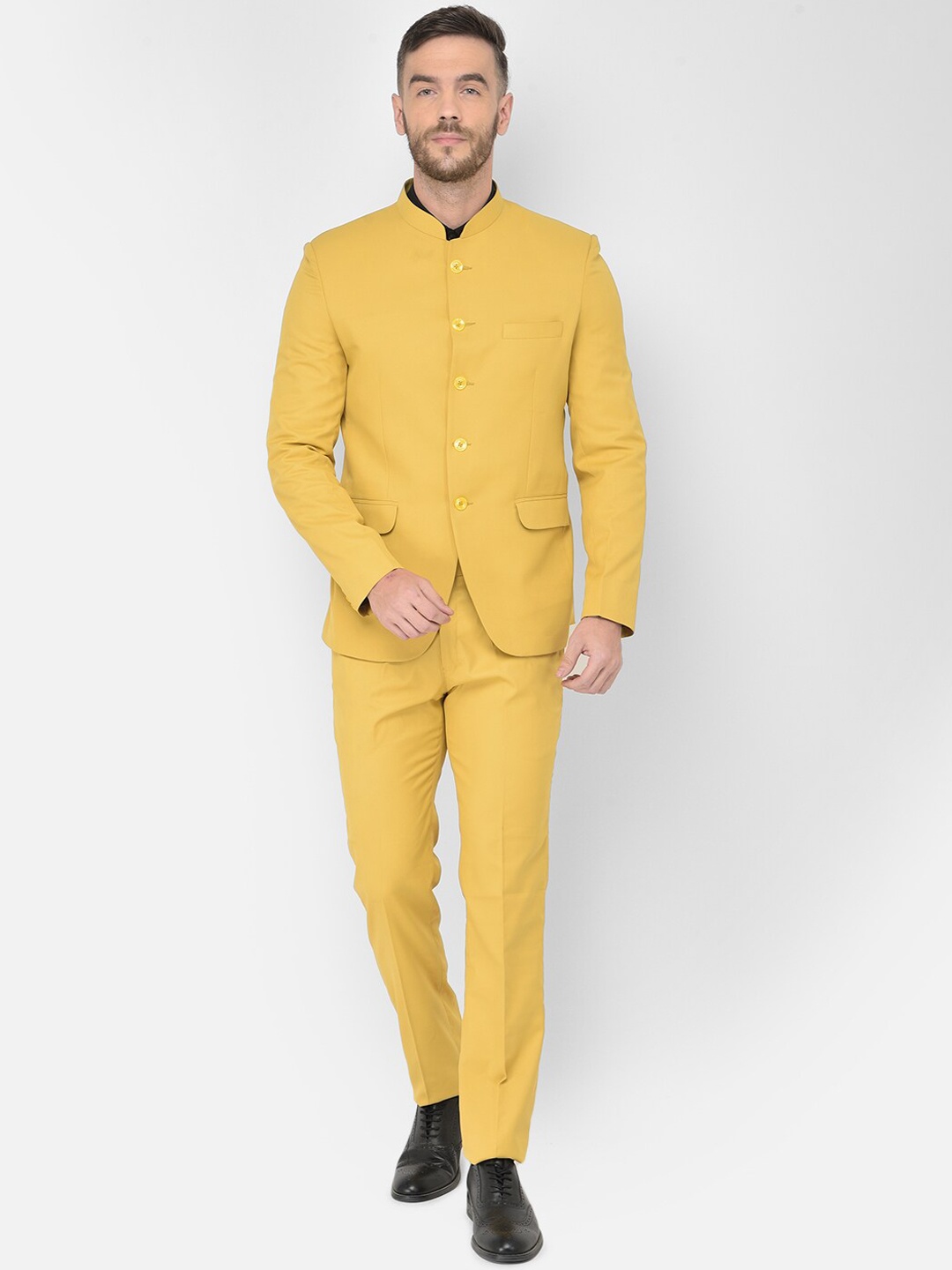 

SG RAJASAHAB Men Yellow Solid 2-Piece Bandhgala Party Suit