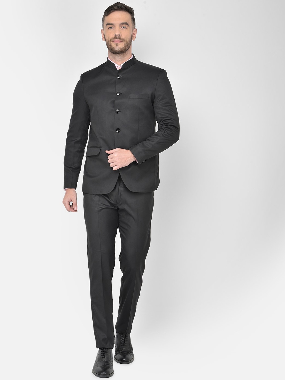 

SG RAJASAHAB Men Black Solid 2-Piece Bandhgala Suit