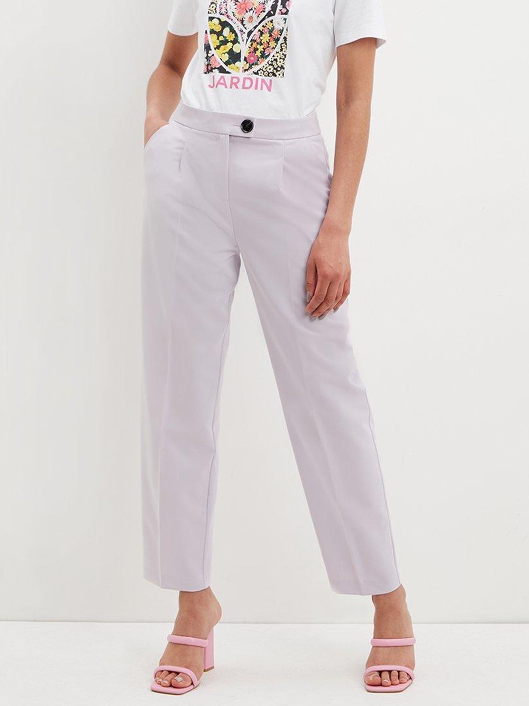 

DOROTHY PERKINS Women Lavender Button Front Straight Leg Pleated Trousers