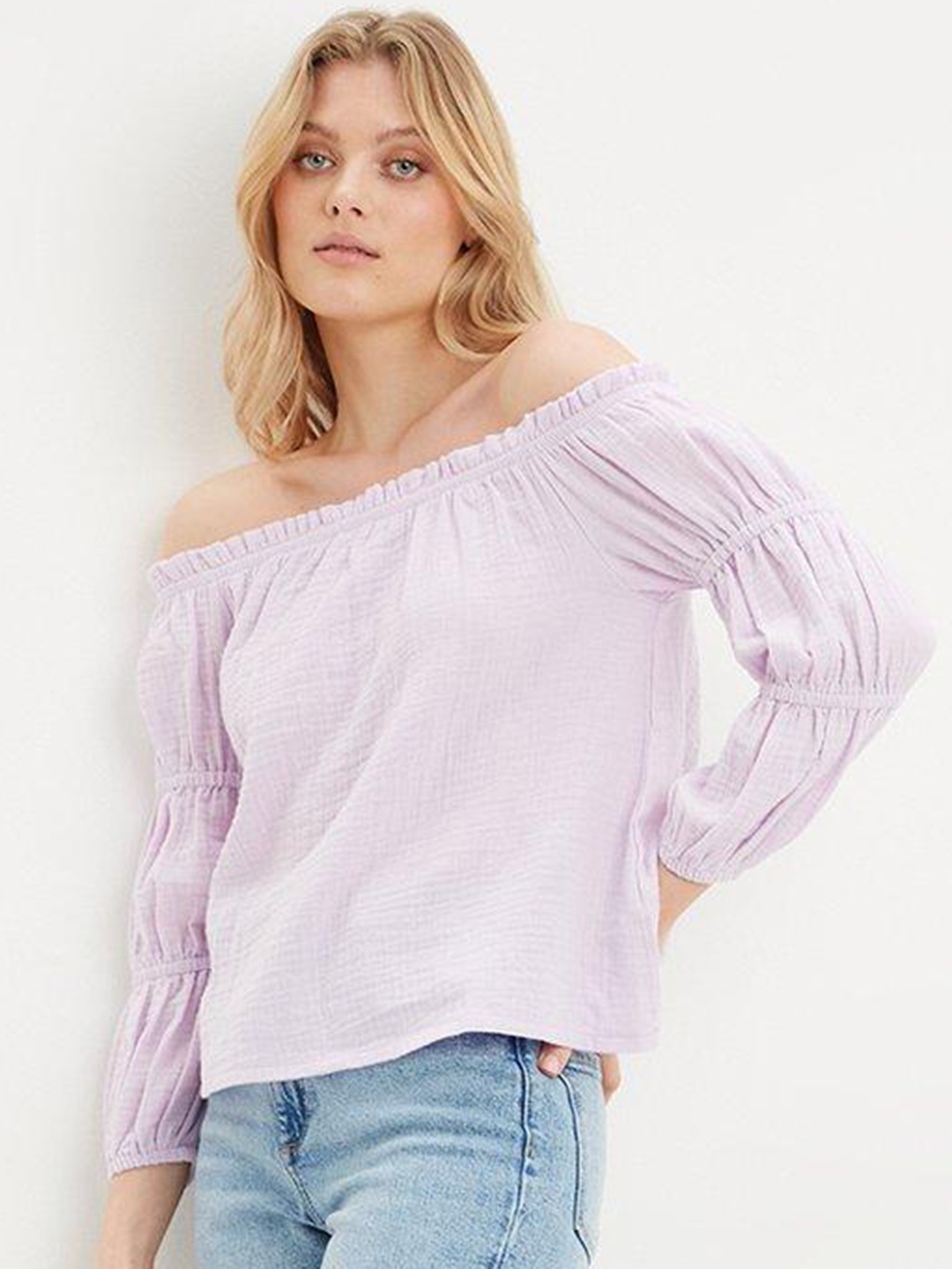 

DOROTHY PERKINS Lavender Pure Cotton Off-Shoulder Puff Sleeve Textured Bardot Top