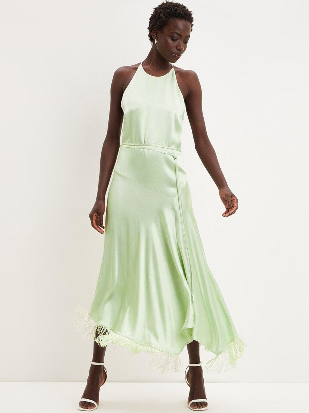 

DOROTHY PERKINS Green Fringed Strappy Satin Midi Dress