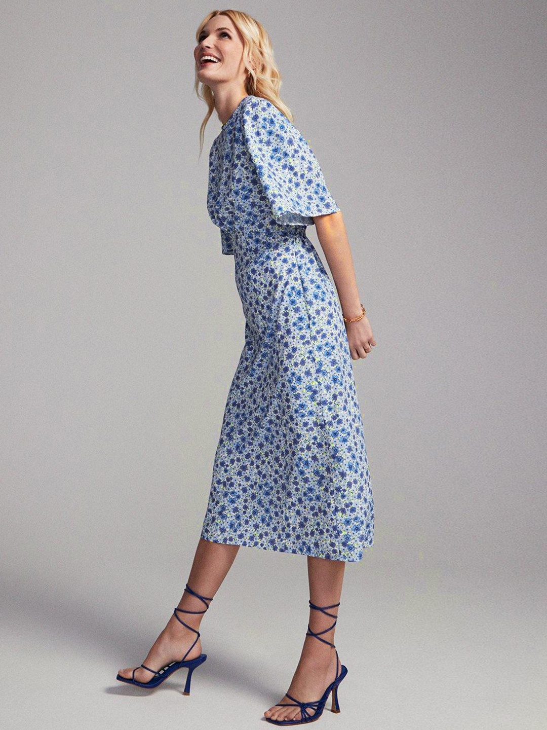 

DOROTHY PERKINS Blue & Green Floral A-Line Midi Dress