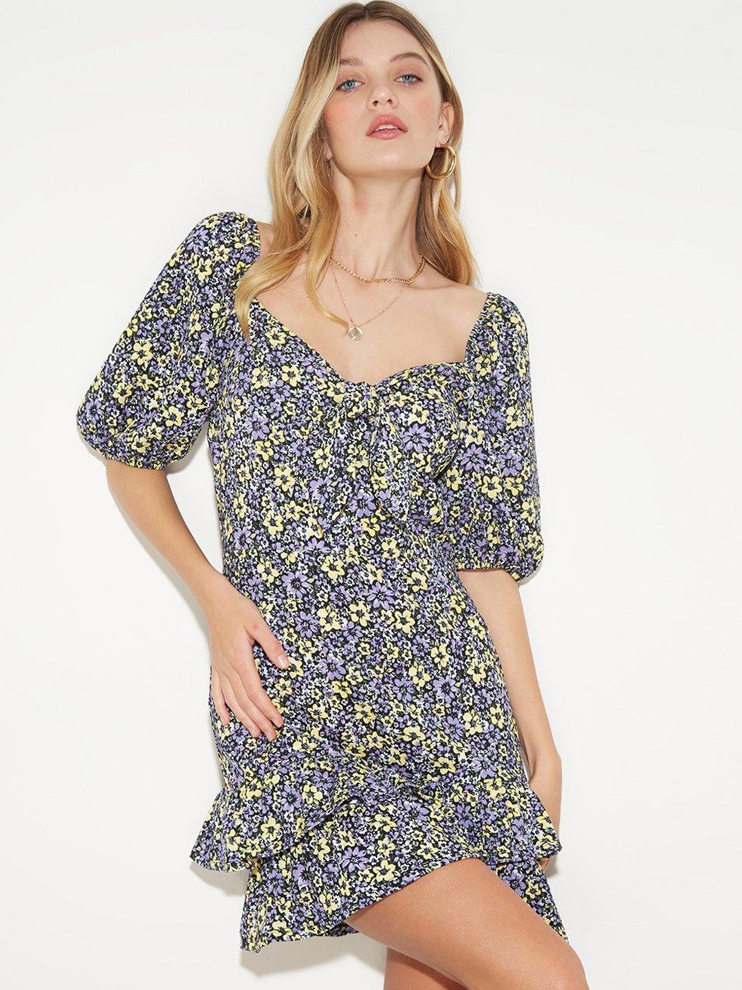 

DOROTHY PERKINS Black & Blue Floral Print Tie Front Mini Dress