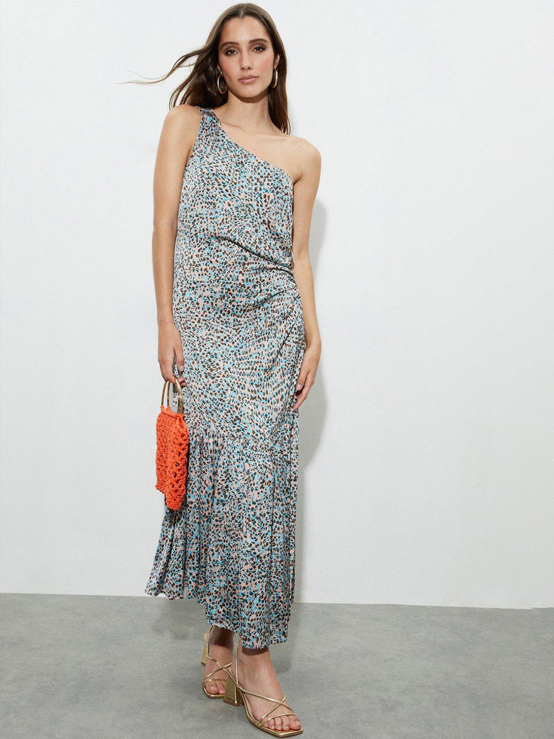 

DOROTHY PERKINS Blue & Beige Animal Print One Shoulder Maxi Dress