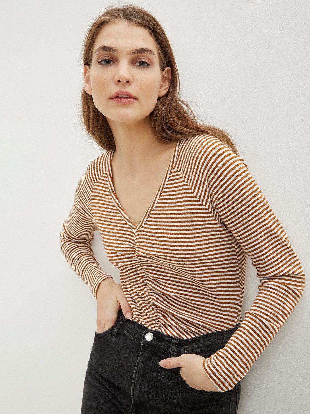 

DOROTHY PERKINS Brown & Off White Striped Ruched Front Top