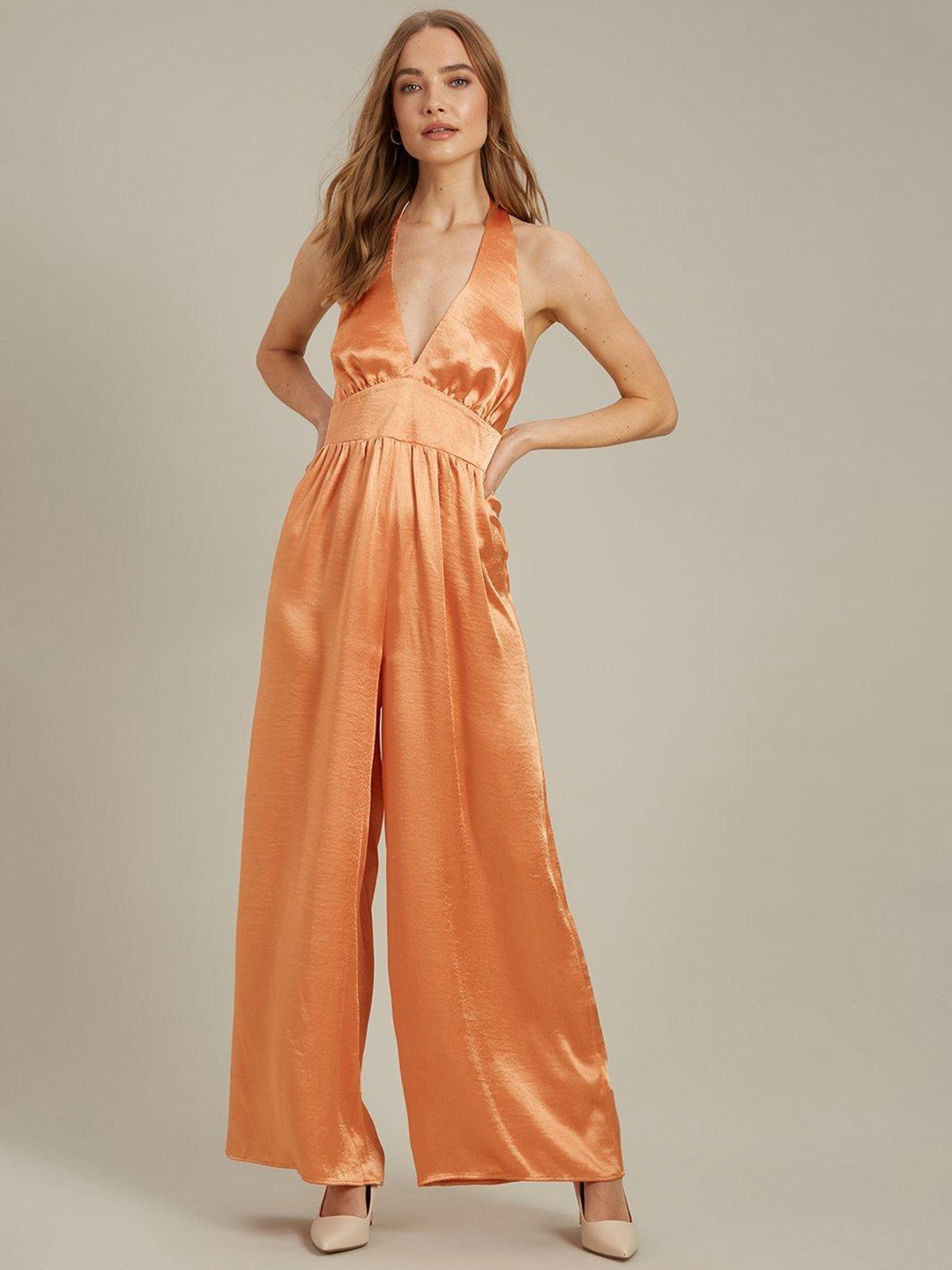 

DOROTHY PERKINS Coral Orange Satin Halter Neck Wide Leg Jumpsuit