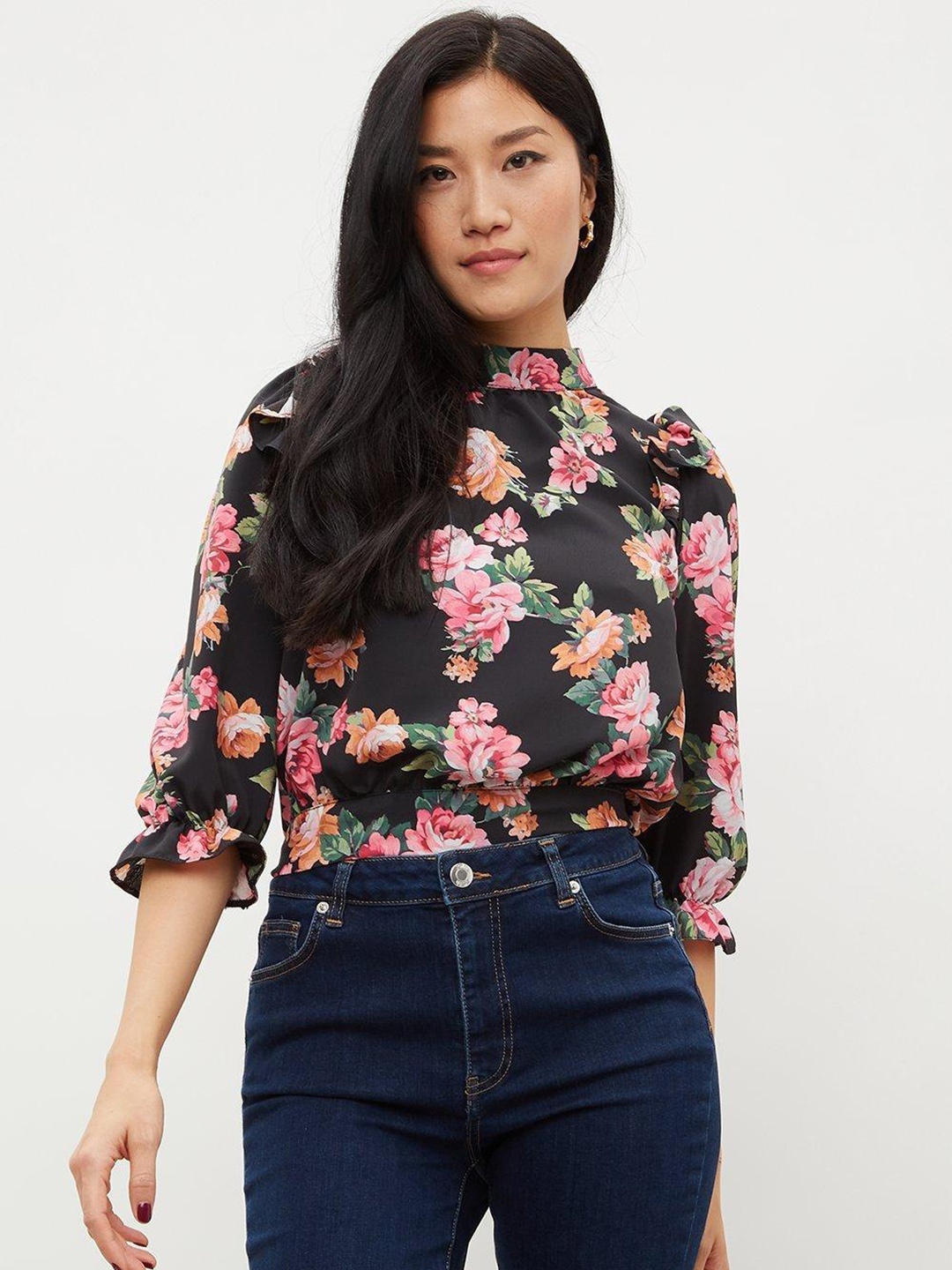 

DOROTHY PERKINS Black & Pink Floral Print Blouson Top