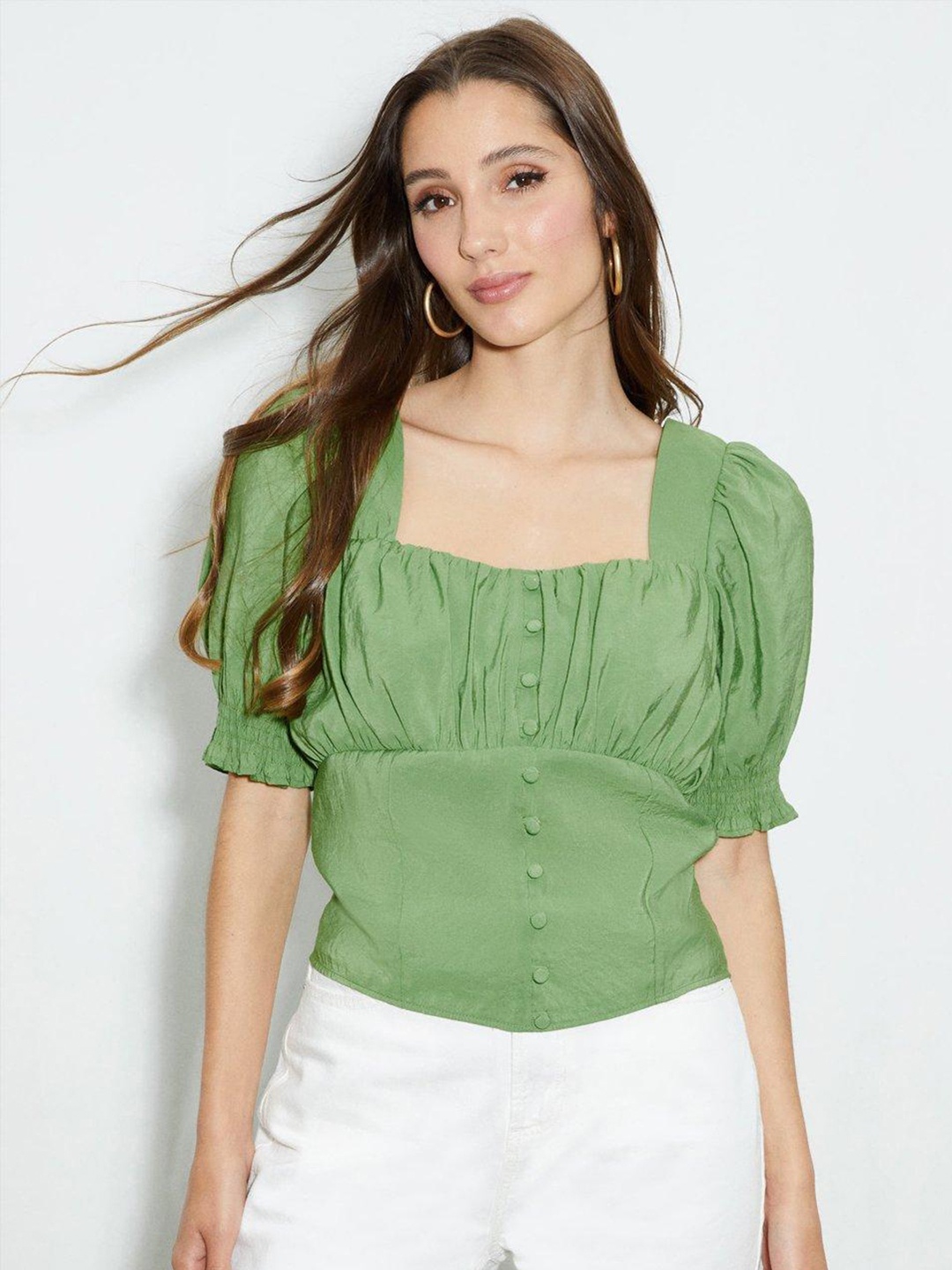 

DOROTHY PERKINS Green Solid Smocked Empire Top