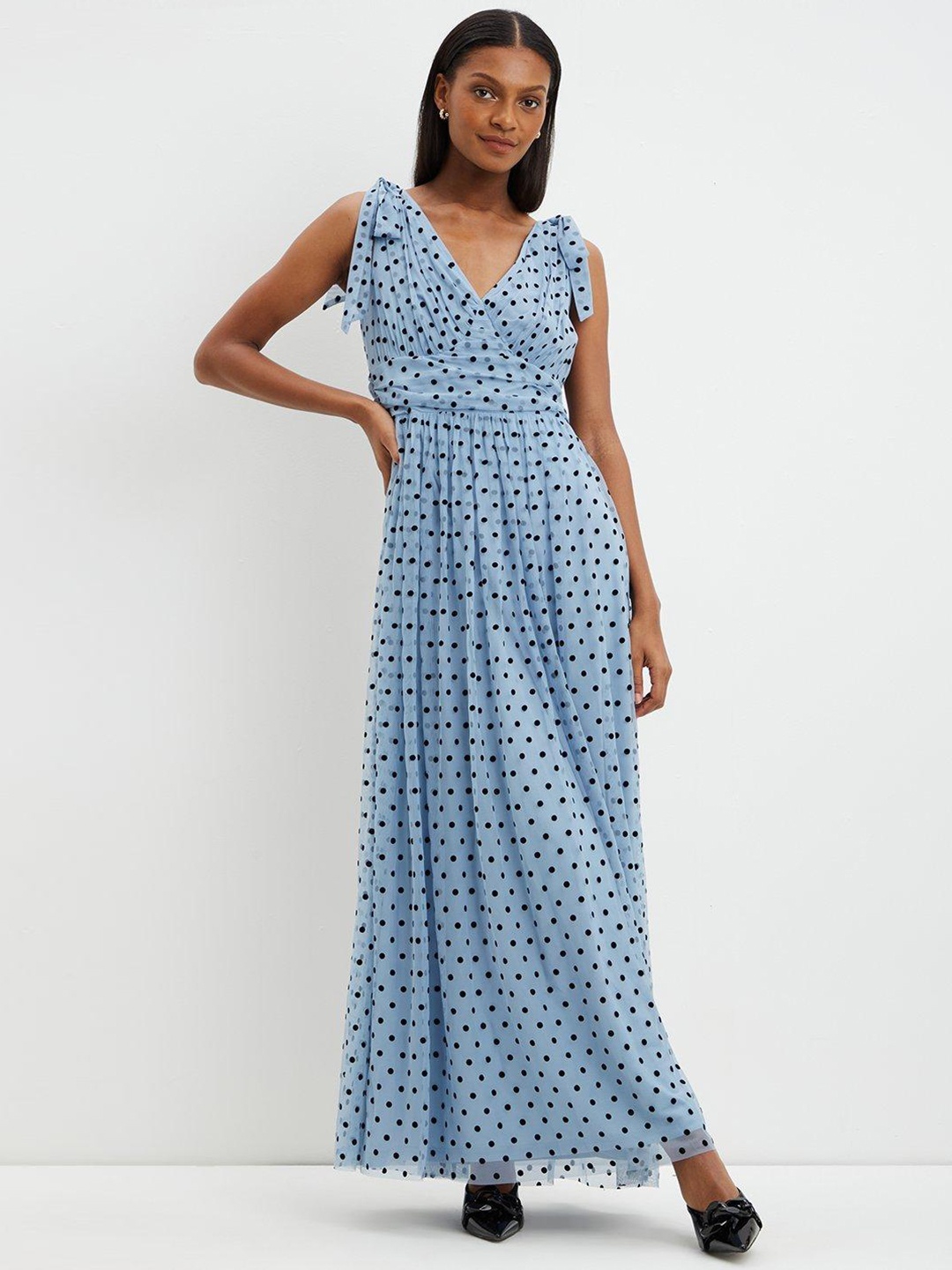 

DOROTHY PERKINS Blue & Black Polka Dots Print Empire Maxi Dress