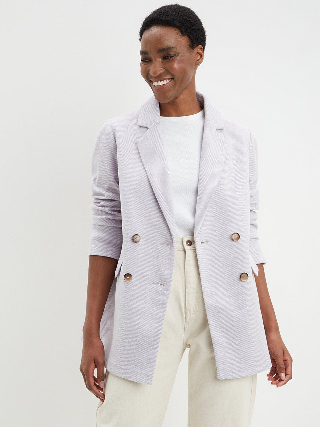 

DOROTHY PERKINS Women Lilac Chevron Design Double Breasted Blazer, Lavender
