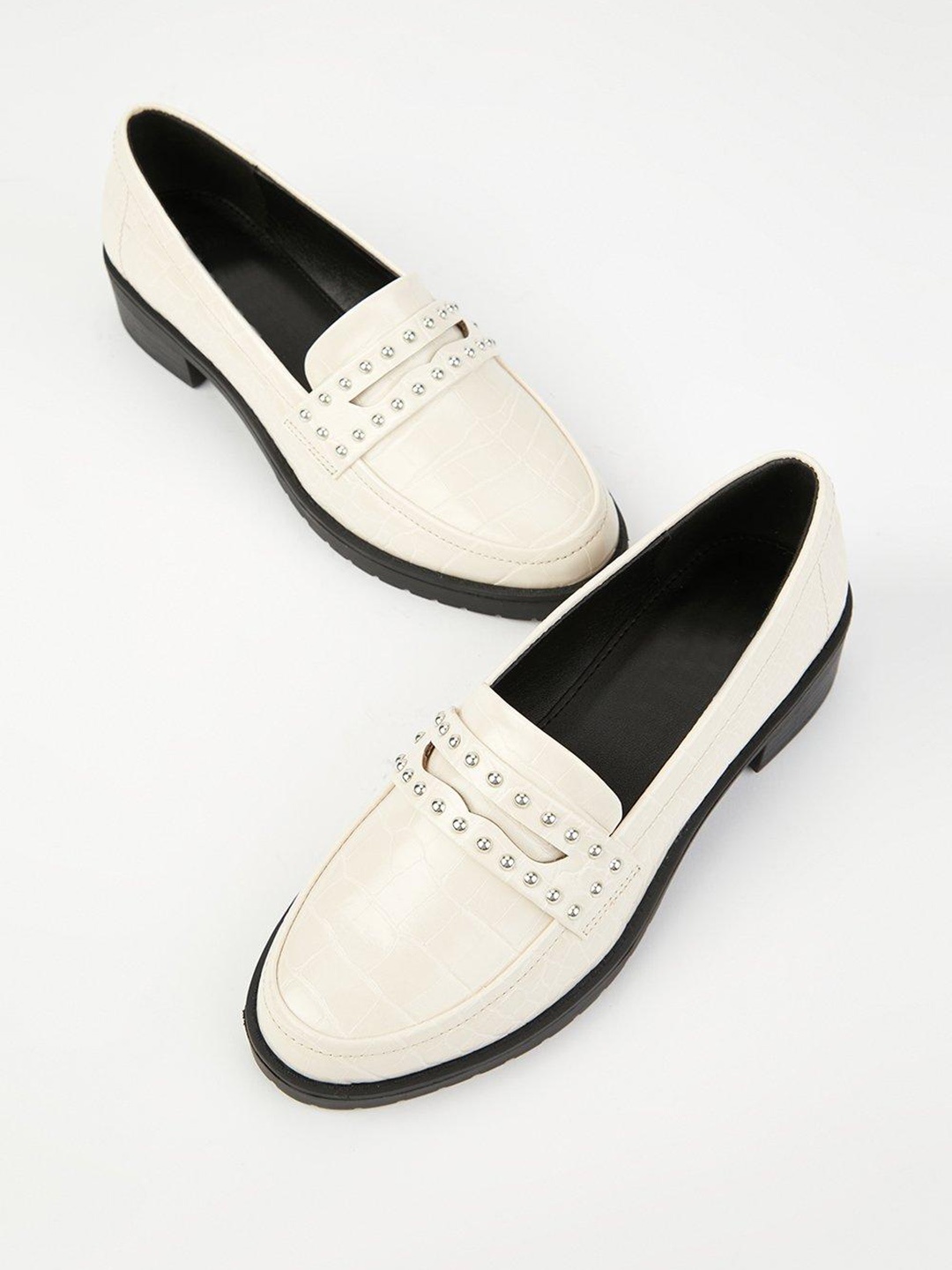 

DOROTHY PERKINS Faith Women Off-White Croc Textured Penny Loafers with Studded Detail