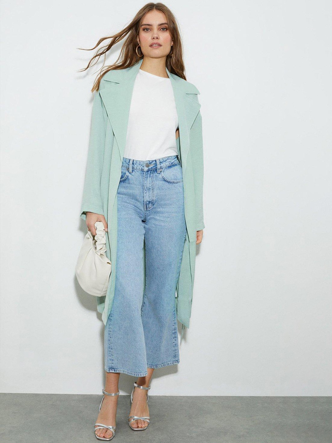 

DOROTHY PERKINS Women Green Solid Cotton Belted Over Coat