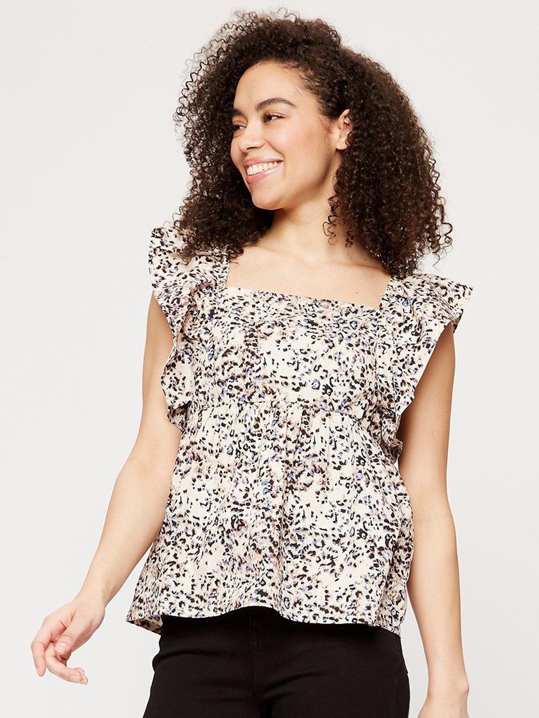 

DOROTHY PERKINS Beige & Black Animal Print Cotton Top