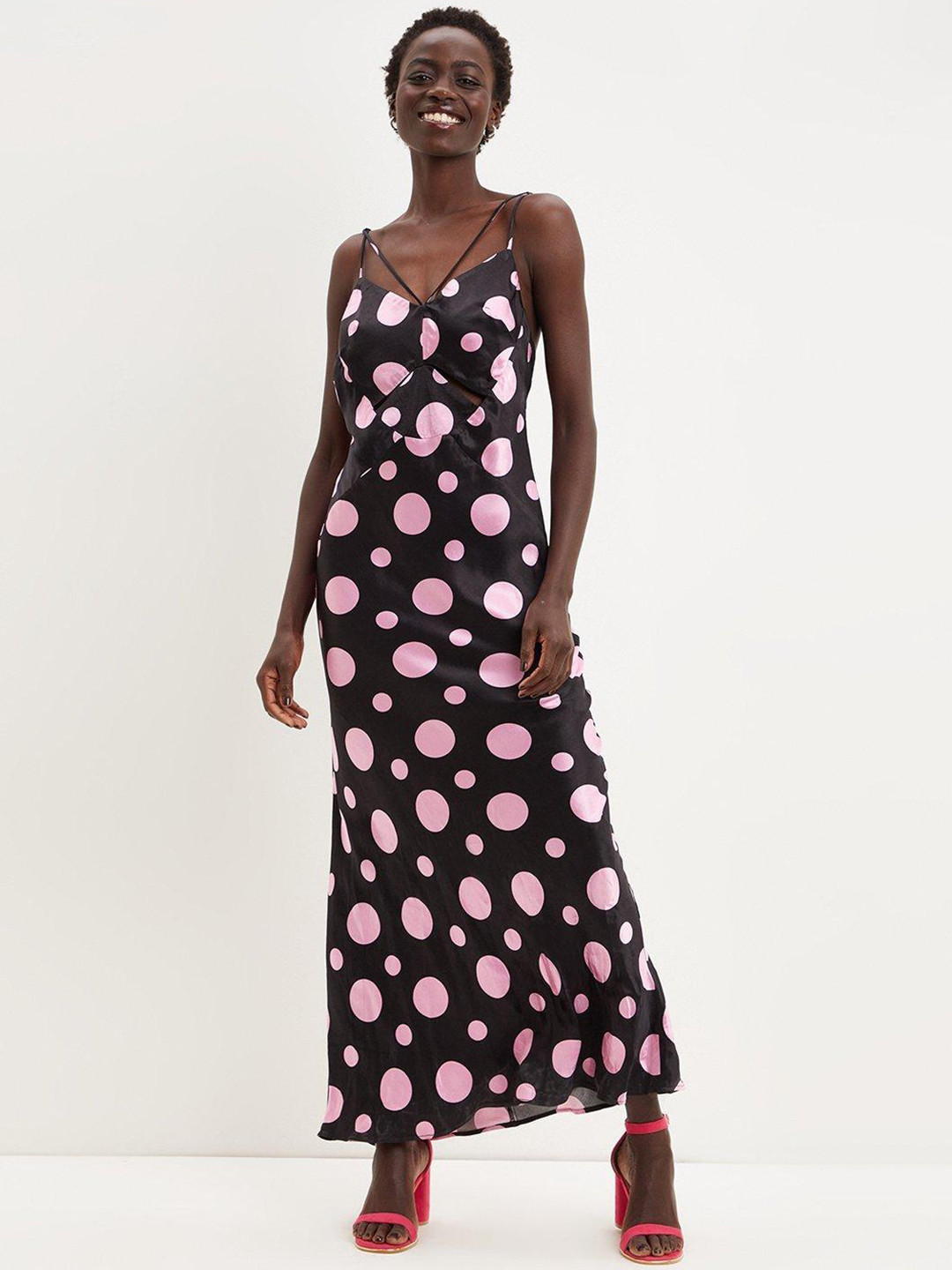 

DOROTHY PERKINS Black & Pink Geometric Print Satin Maxi Dress
