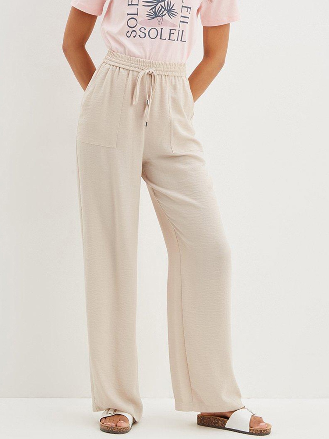 

DOROTHY PERKINS Women Cream-Coloured Washed Twill Wide Leg Trousers