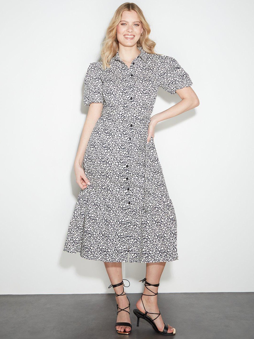 

DOROTHY PERKINS Navy Blue & White Floral Print Cotton A-Line Midi Dress