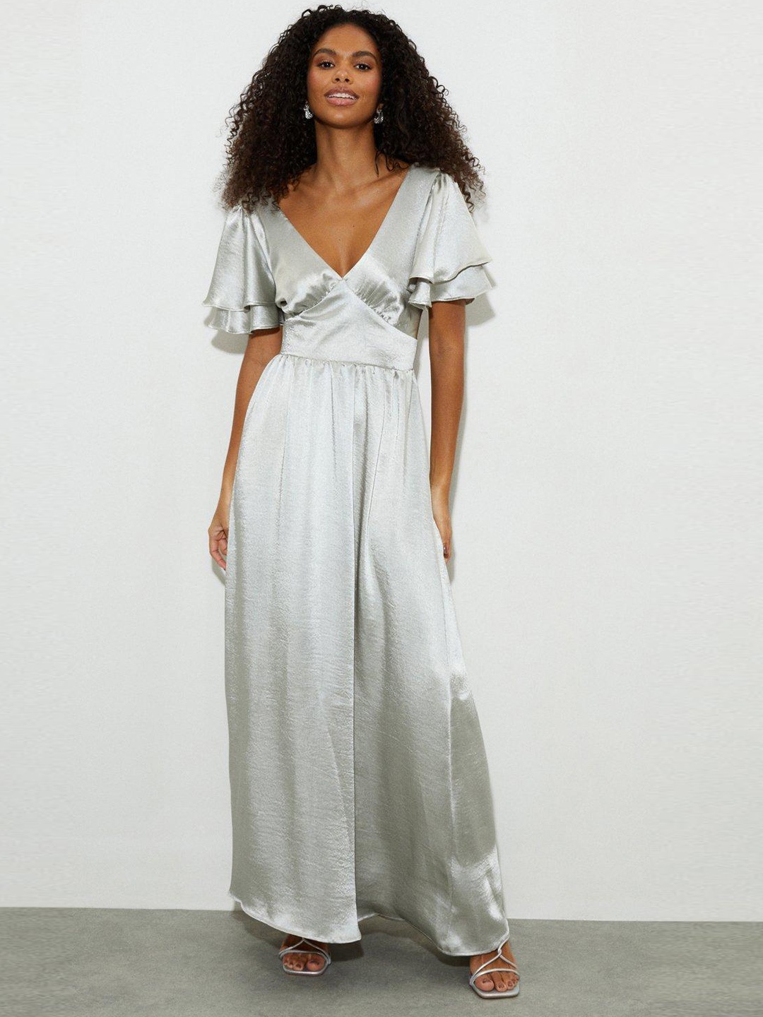 

DOROTHY PERKINS Grey Satin Frill Sleeves Maxi Dress, Silver