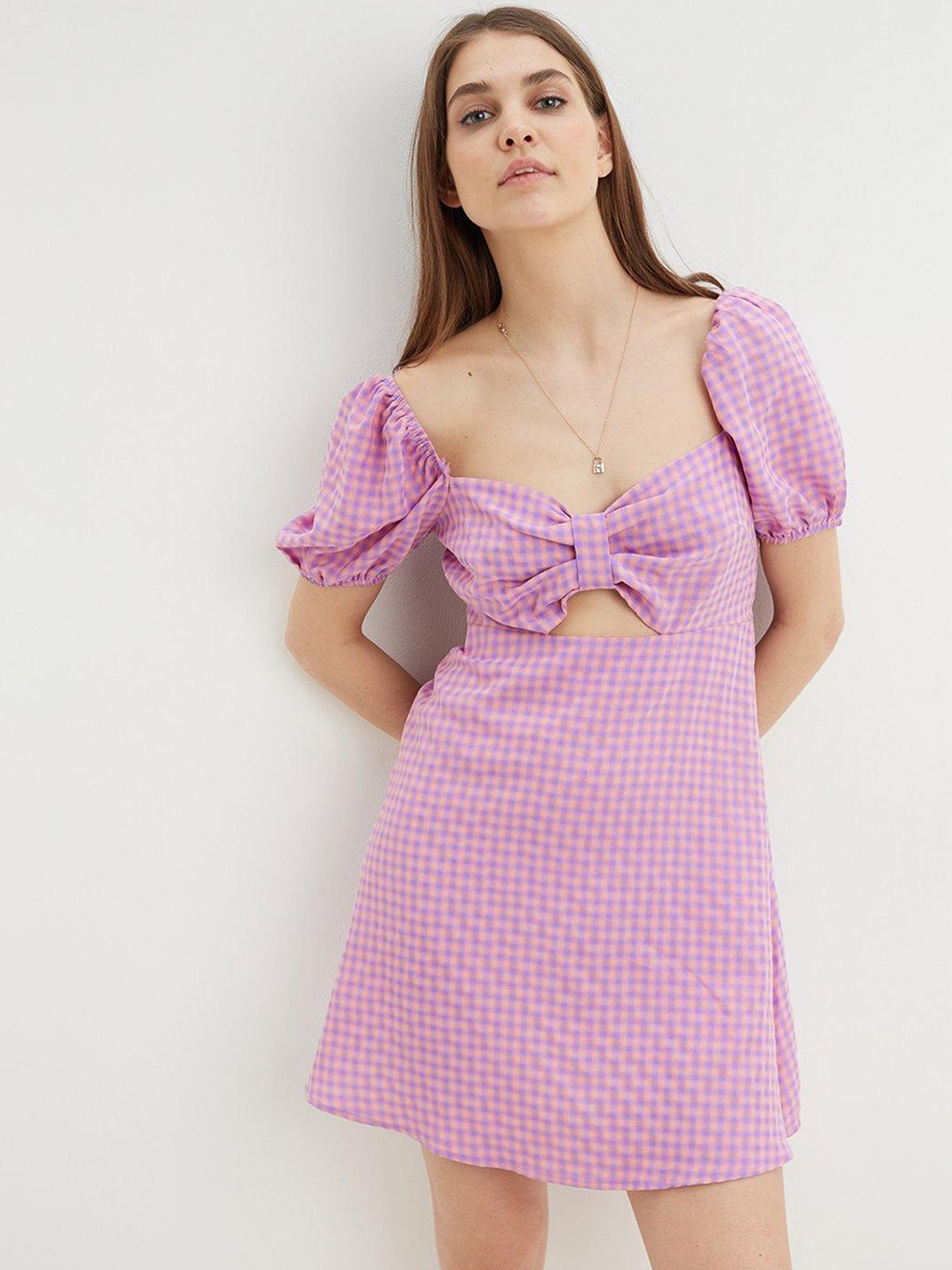 

DOROTHY PERKINS Pink & Purple Checked Bow Detail A-Line Mini Dress