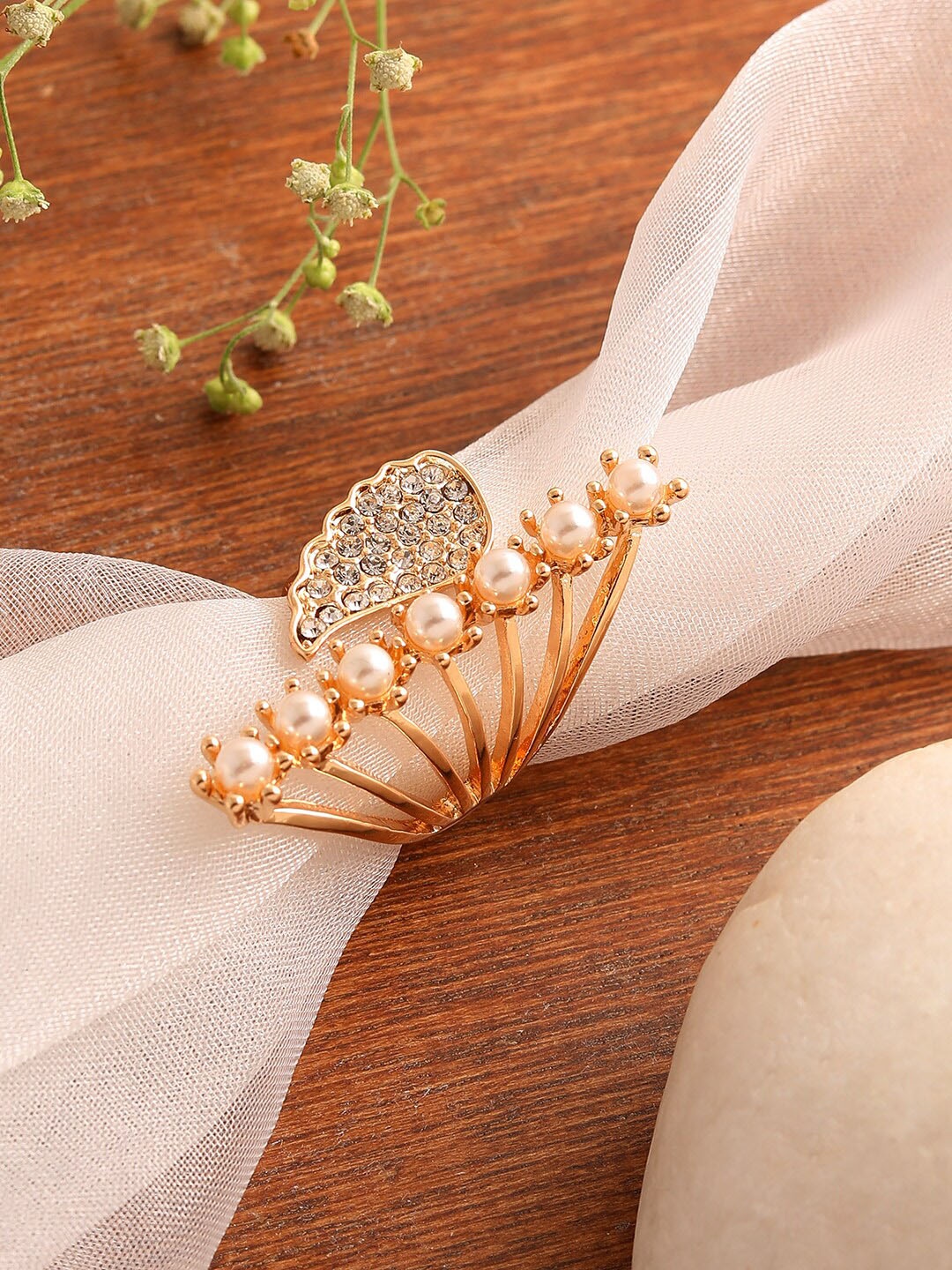 

SOHI Gold-Plated White Stones & Pearls Studded Finger Ring