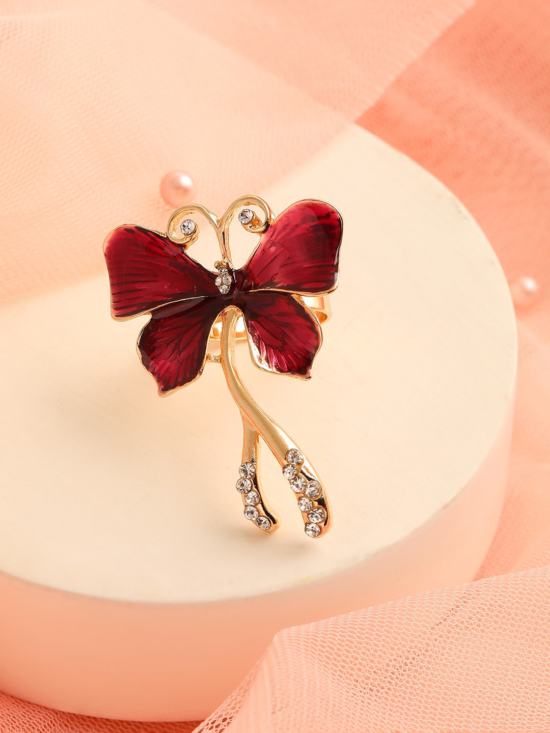 

SOHI Gold-Plated Purple & White Stone Studded Adjustable Finger Ring