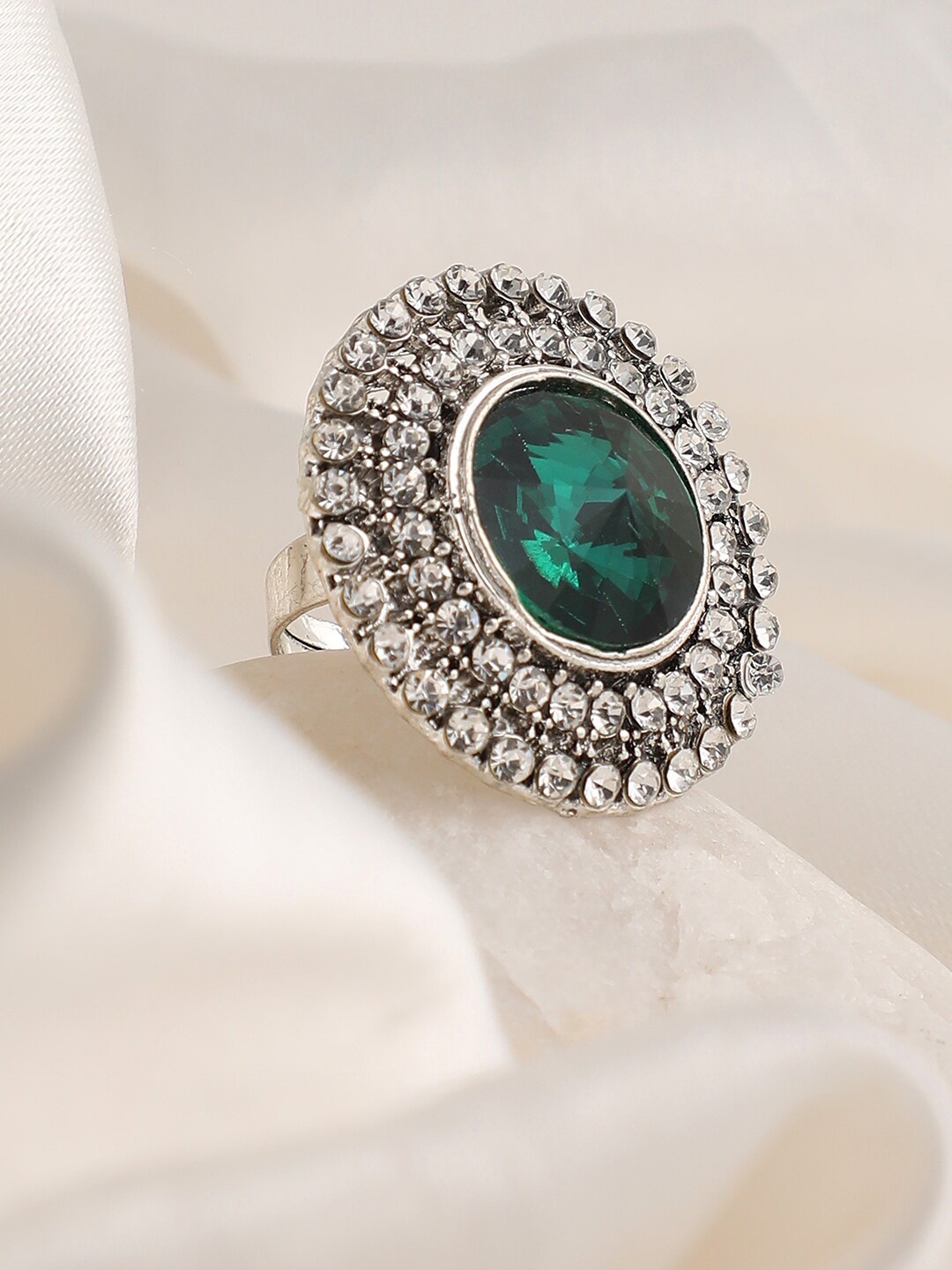 

SOHI Silver-Plated White &Green Stone-Studded Adjustable Finger Rings