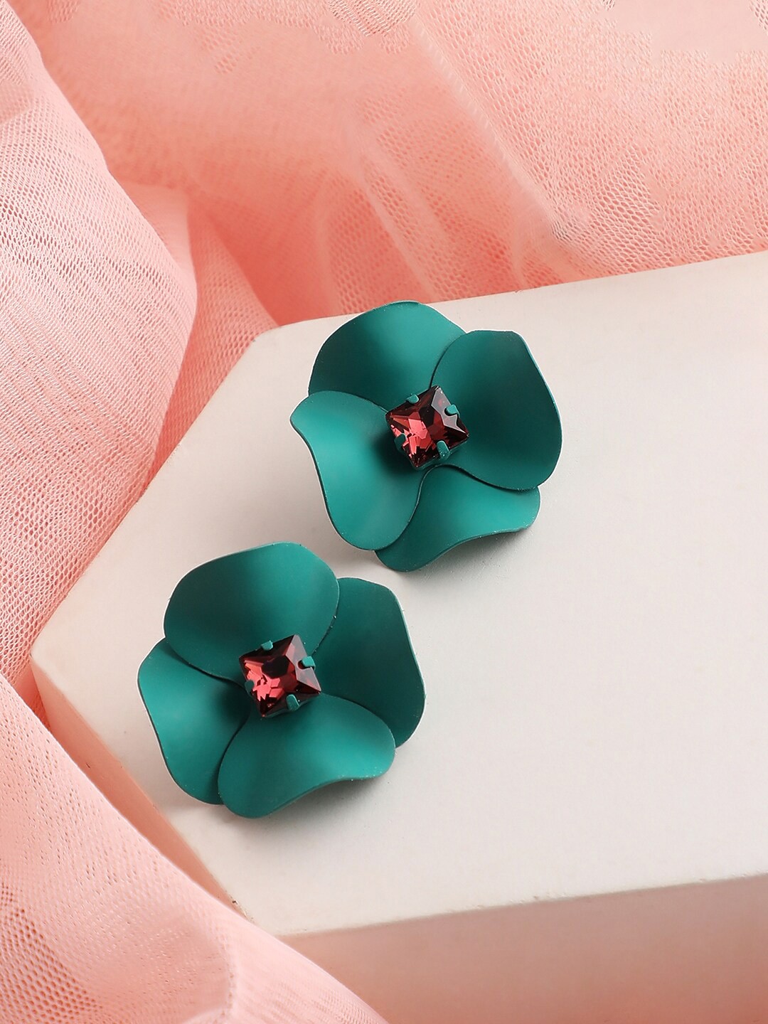 

SOHI Women Gold Plated Teal Floral Studs Earrings