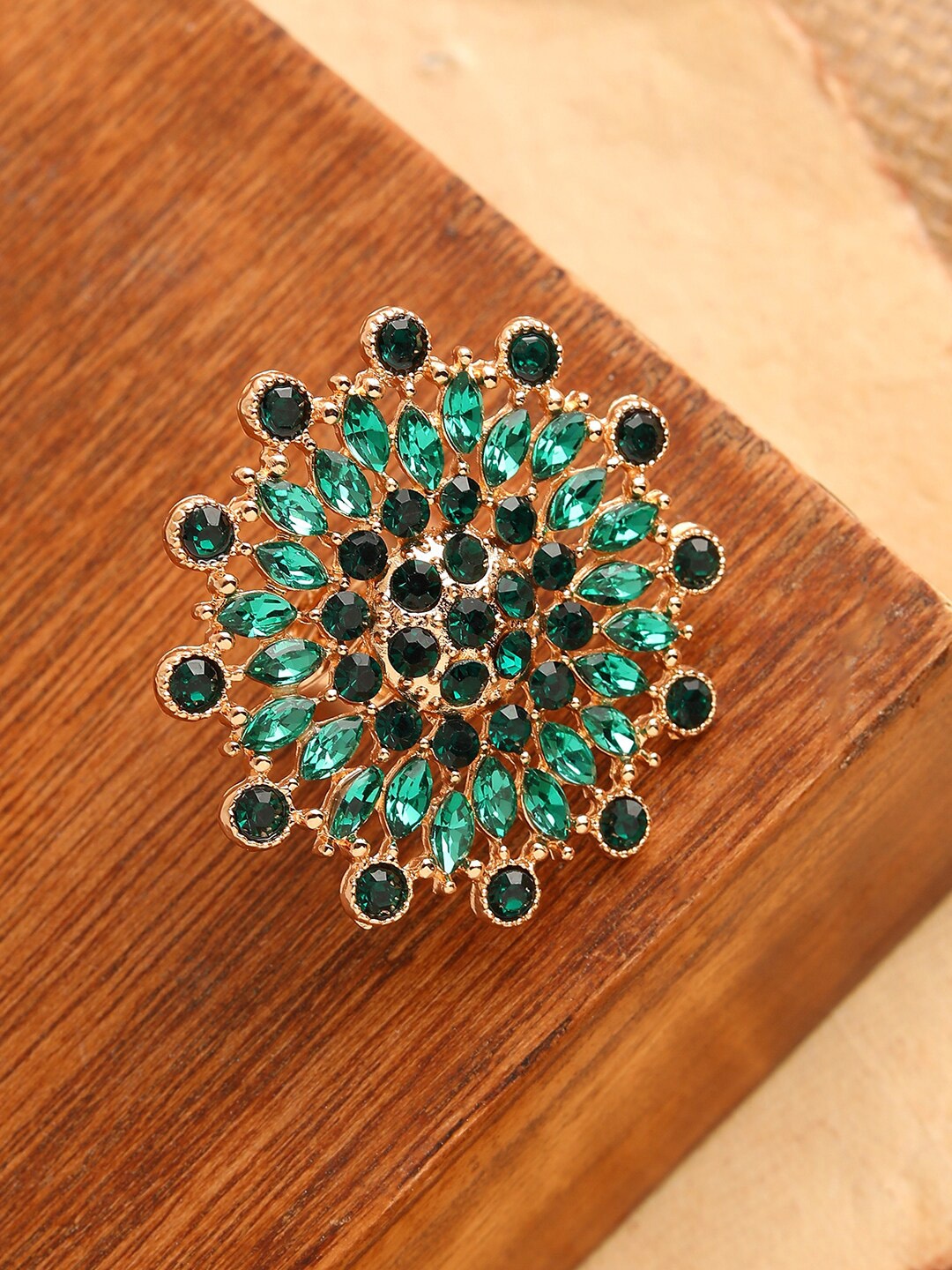 

SOHI Gold-Plated & Green Stone-Studded Adjustable Finger Ring