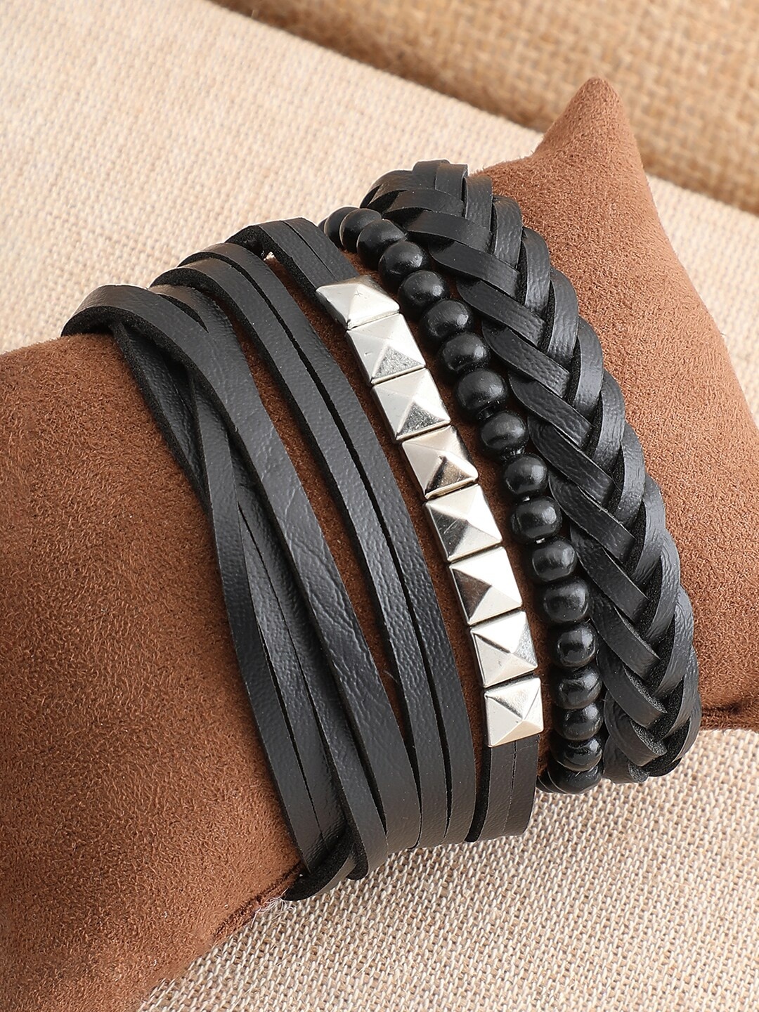 

SOHI Women Pack Of 4 Black Leather Wraparound Bracelet