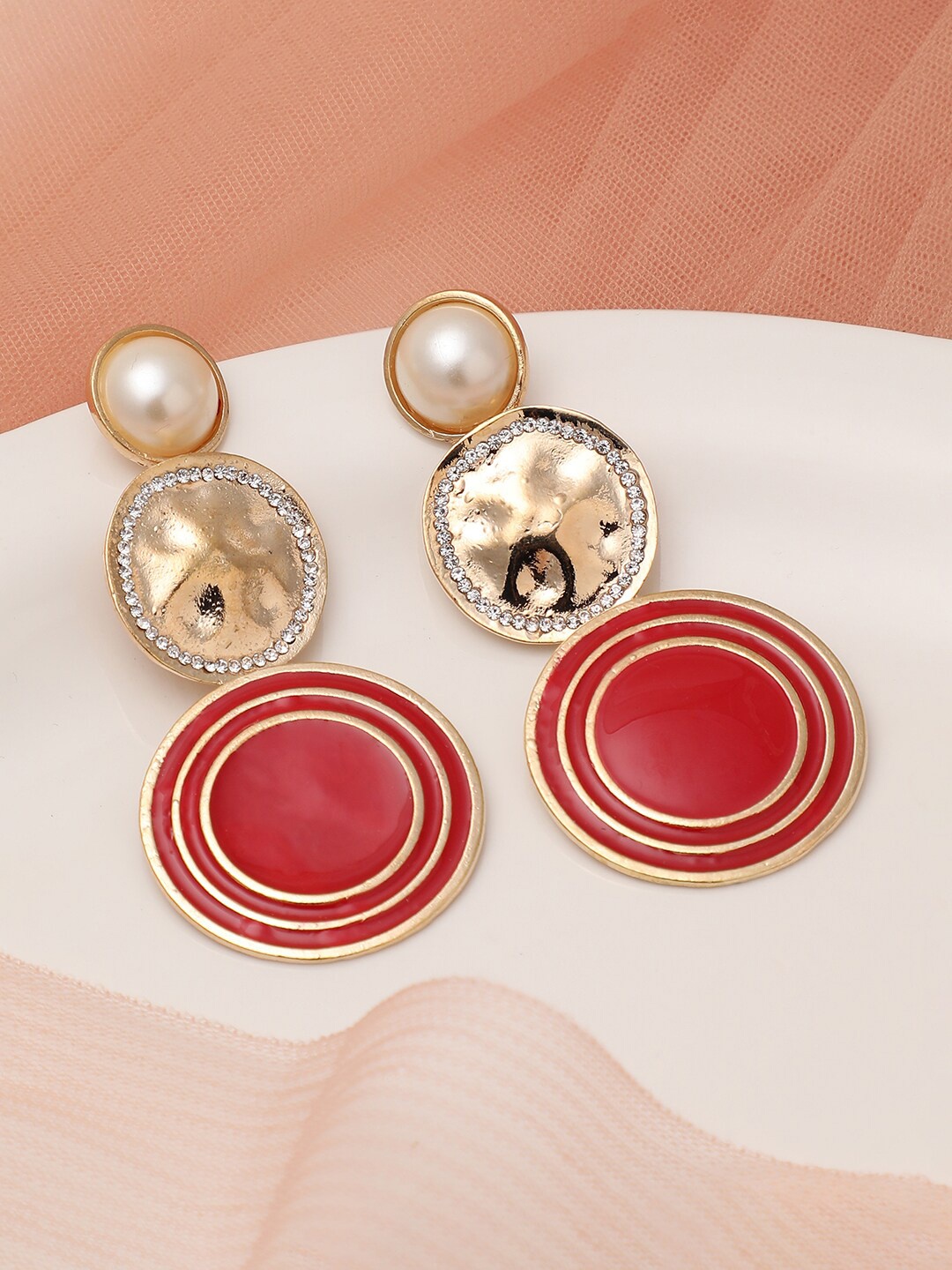 

SOHI Red & Gold-Toned Gold Plated Circular Drop Earrings