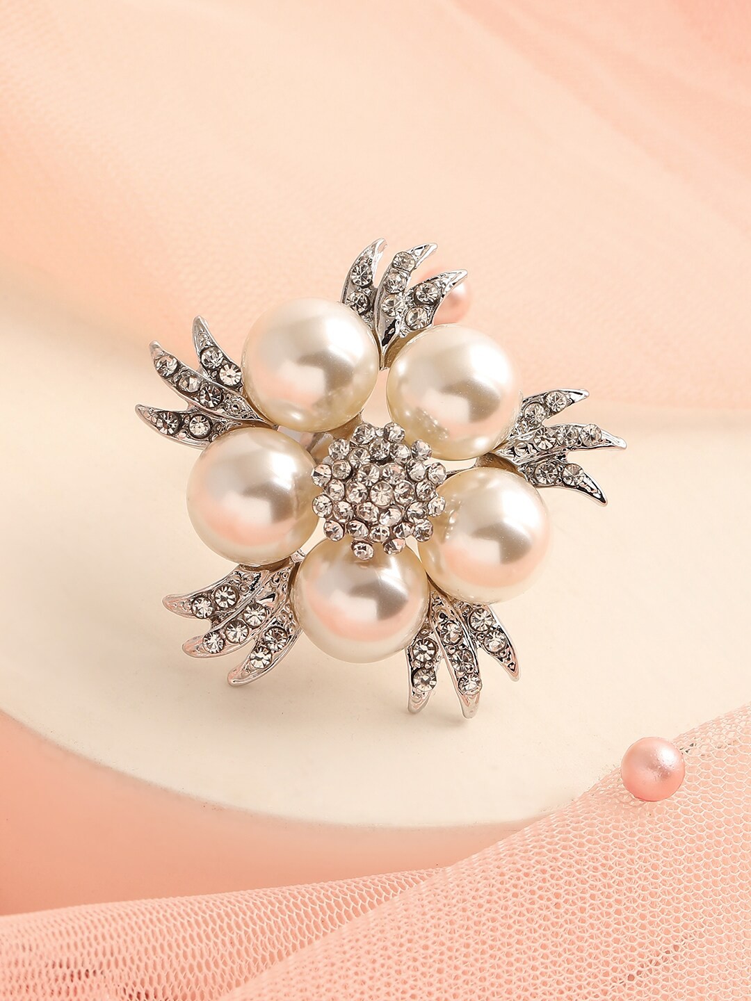 

SOHI Silver-Plated & White Stone-Studded & Pearl Beaded Adjustable Finger Rings