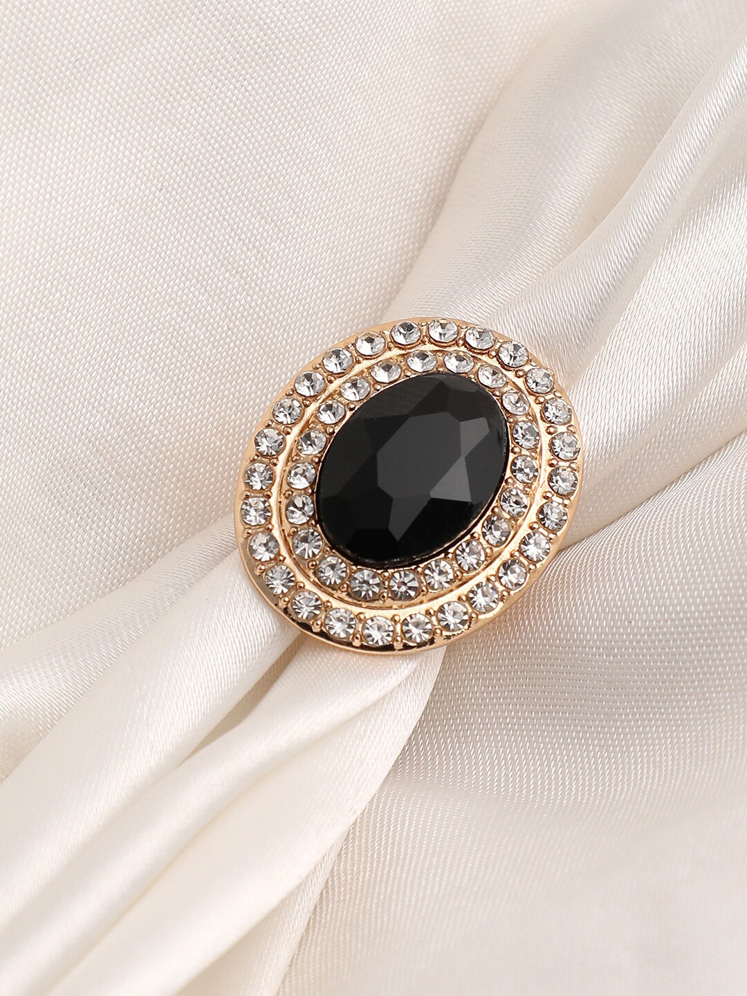 

SOHI Gold-Plated & Black Stone-Studded Adjustable Finger Ring