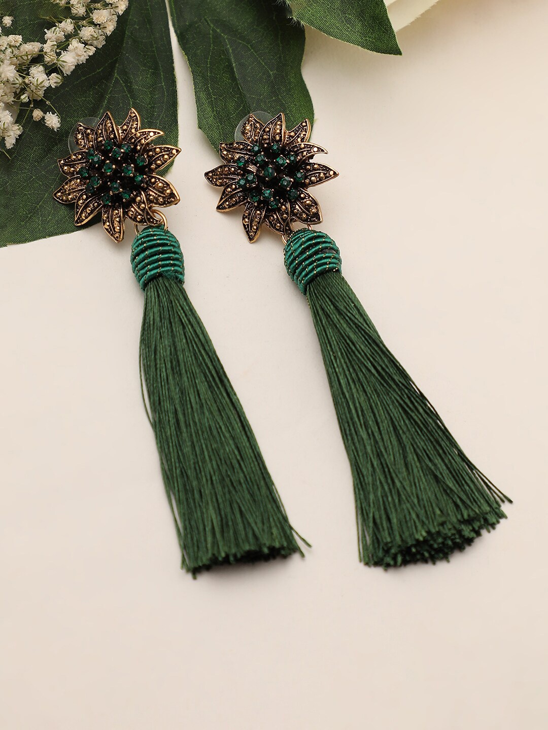 

SOHI Green Gold Plated Contemporary Drop Earrings