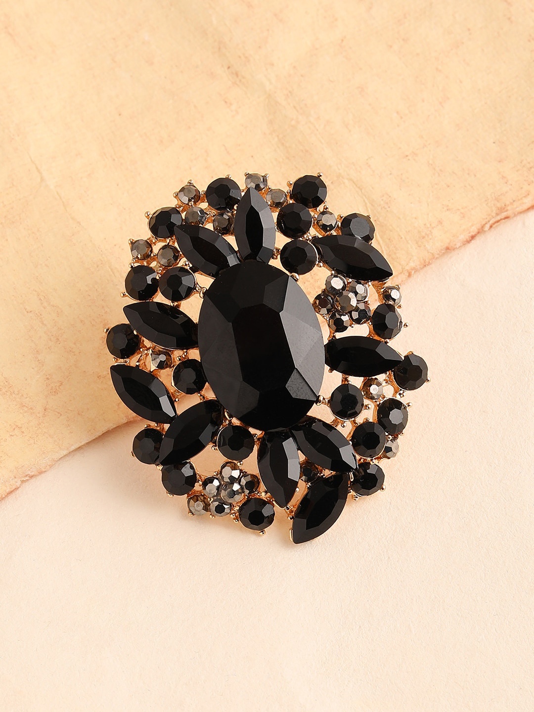 

SOHI Gold-Plated Black Stone Studded Ring, Silver