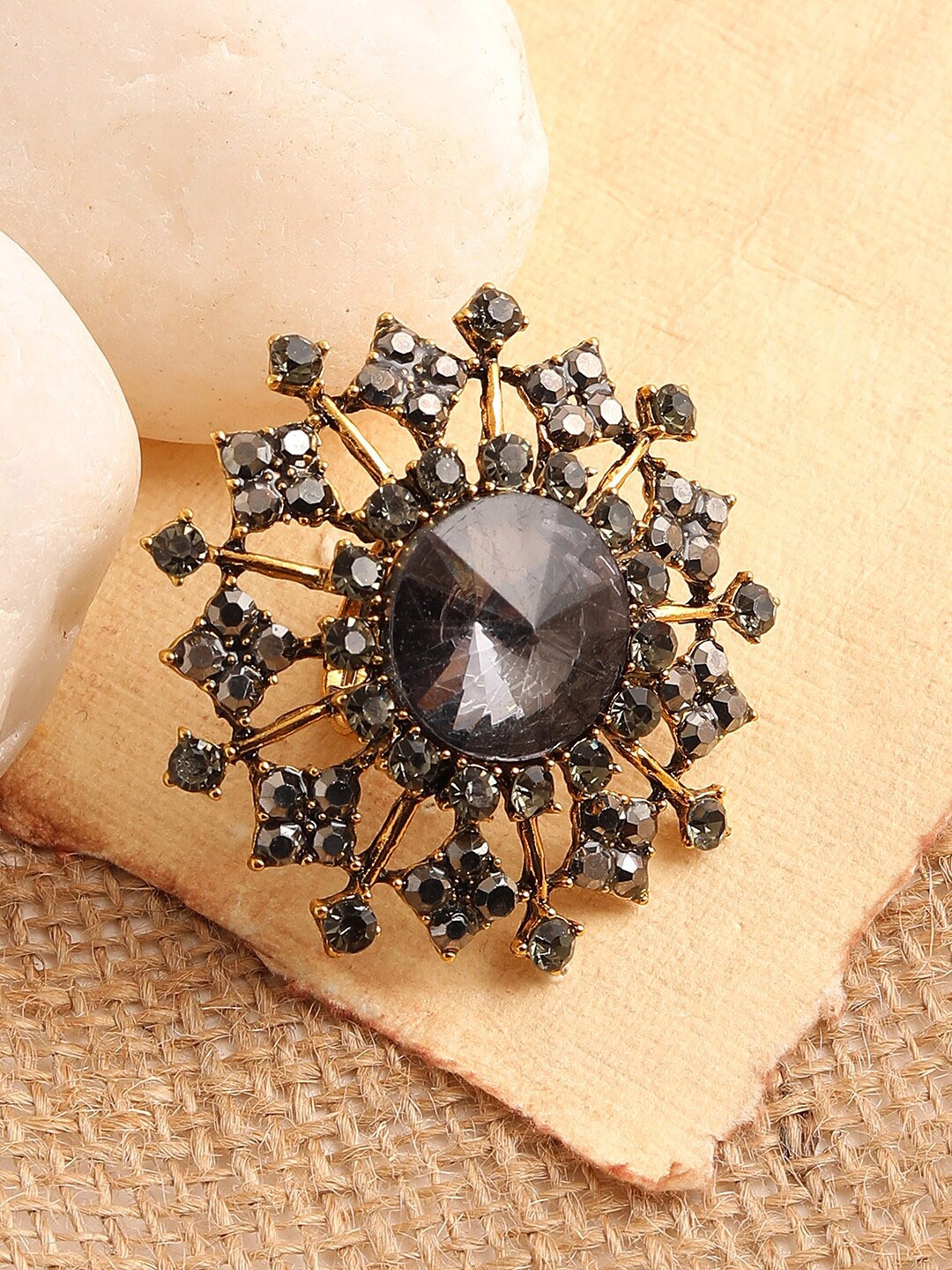 

SOHI Gold-Plated Grey Stone Studded Adjustable Finger Ring