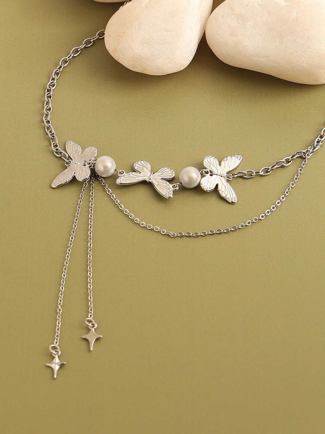 

SOHI Silver & White Silver Plated Layered Chain