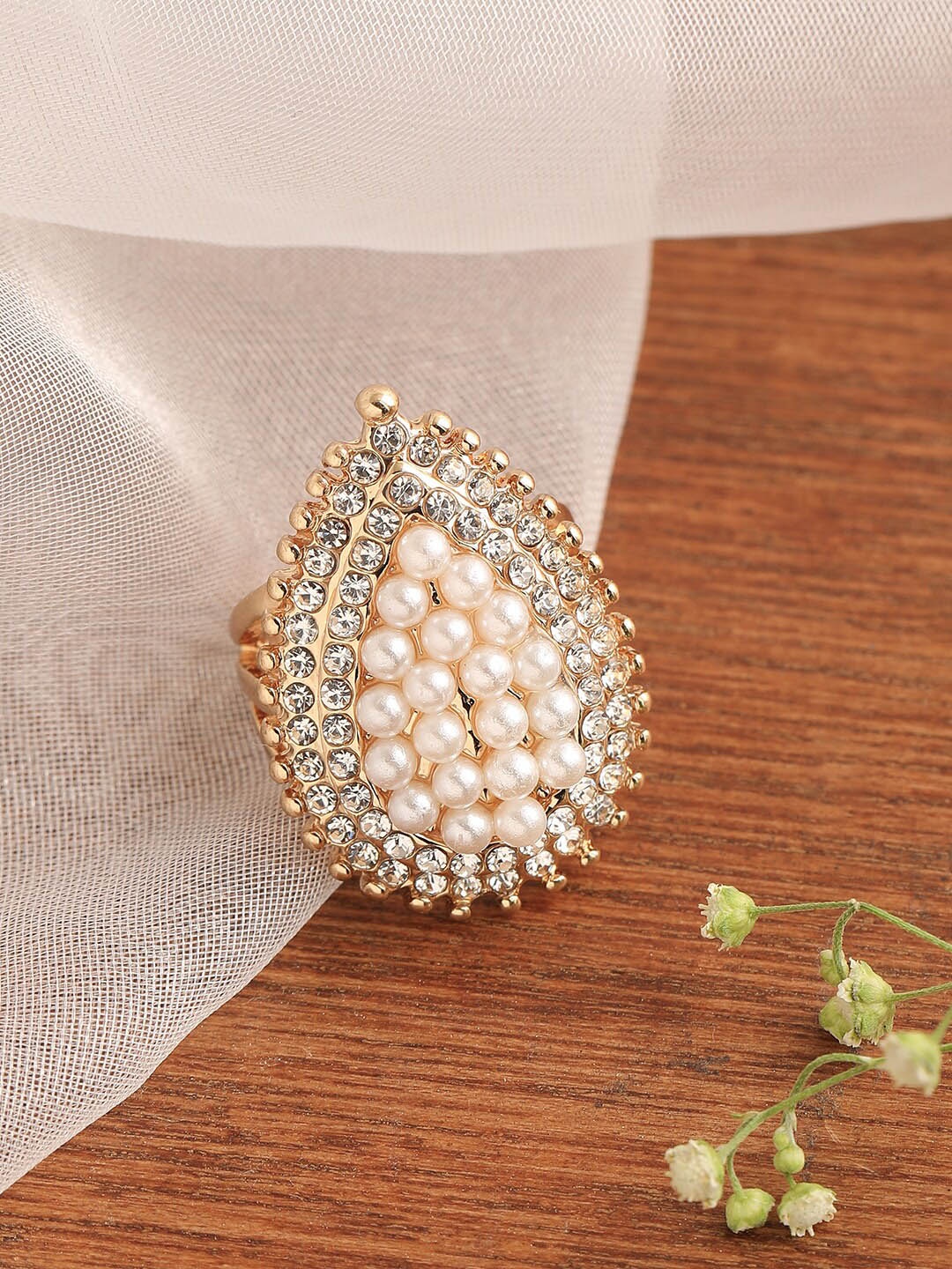 

SOHI Gold-Plated White Stone-Studded Adjustable Finger Ring