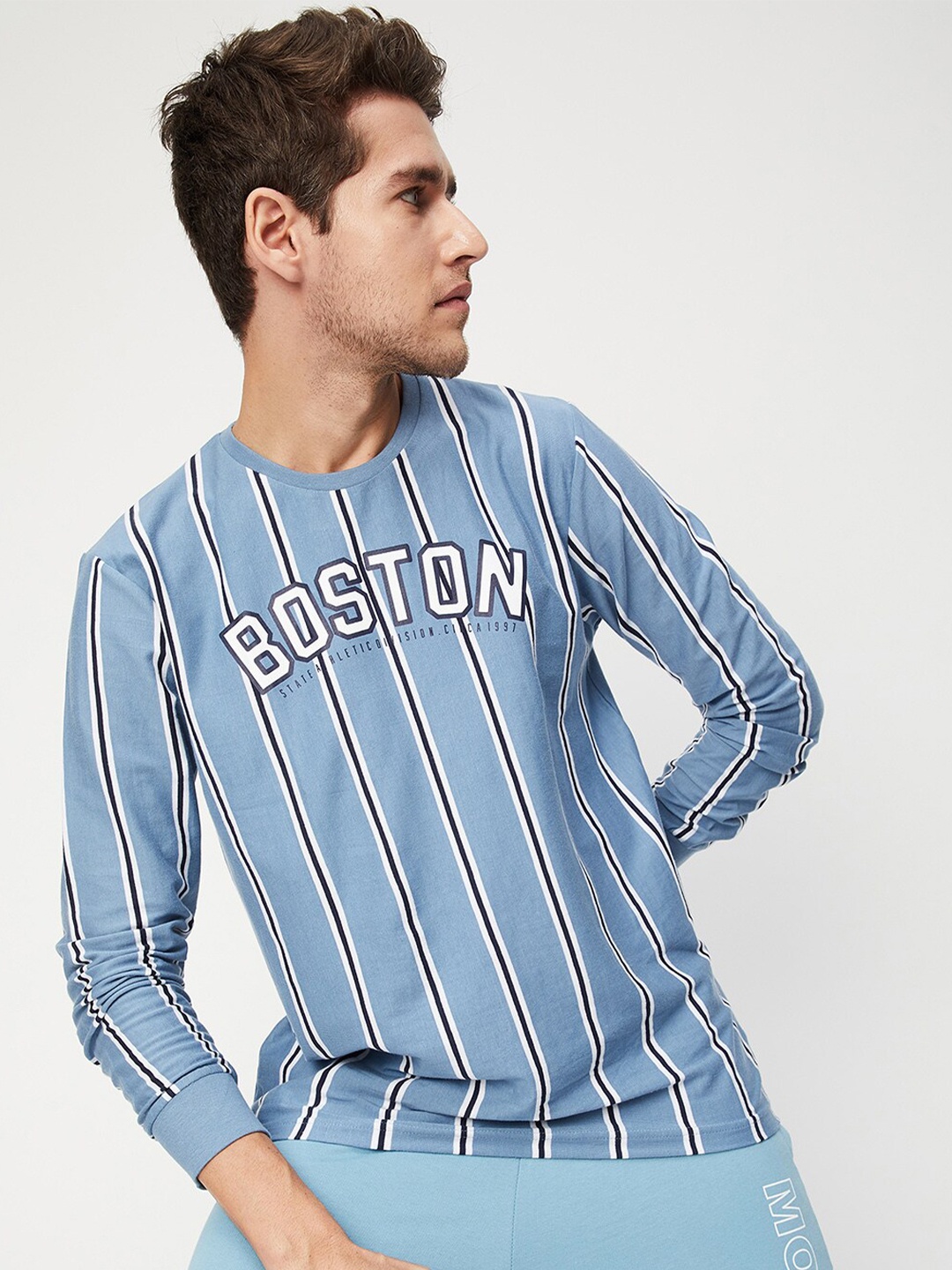 

max Men Blue Cotton Striped T-shirt