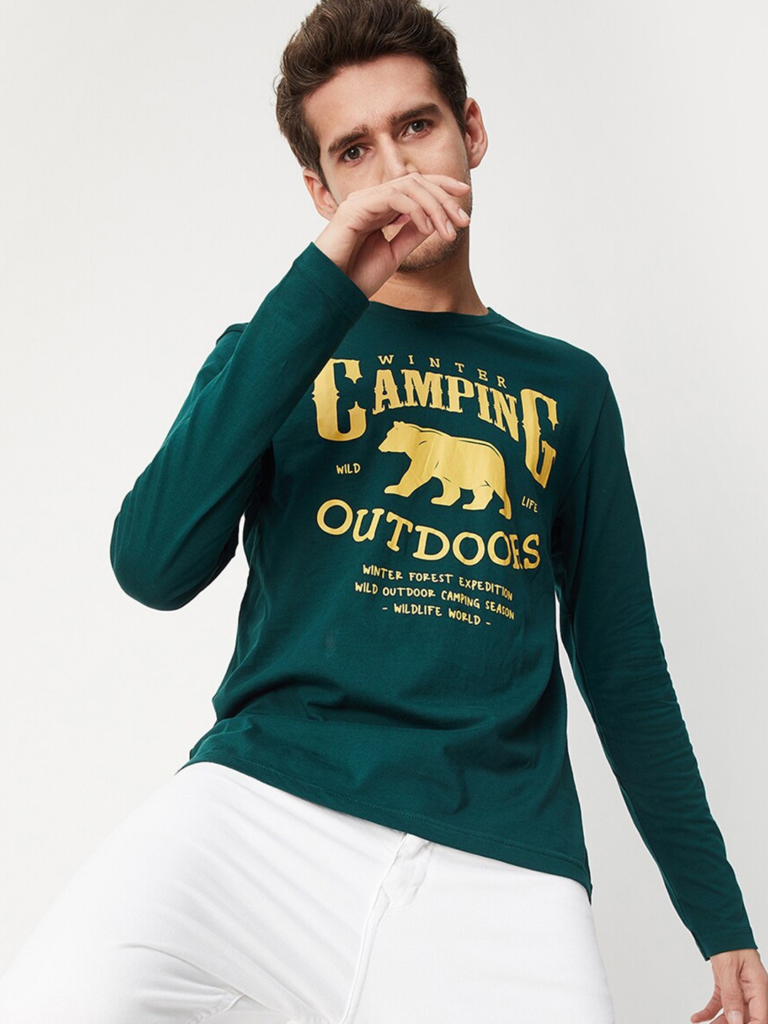 

max Men Green Cotton Typography Printed T-shirt