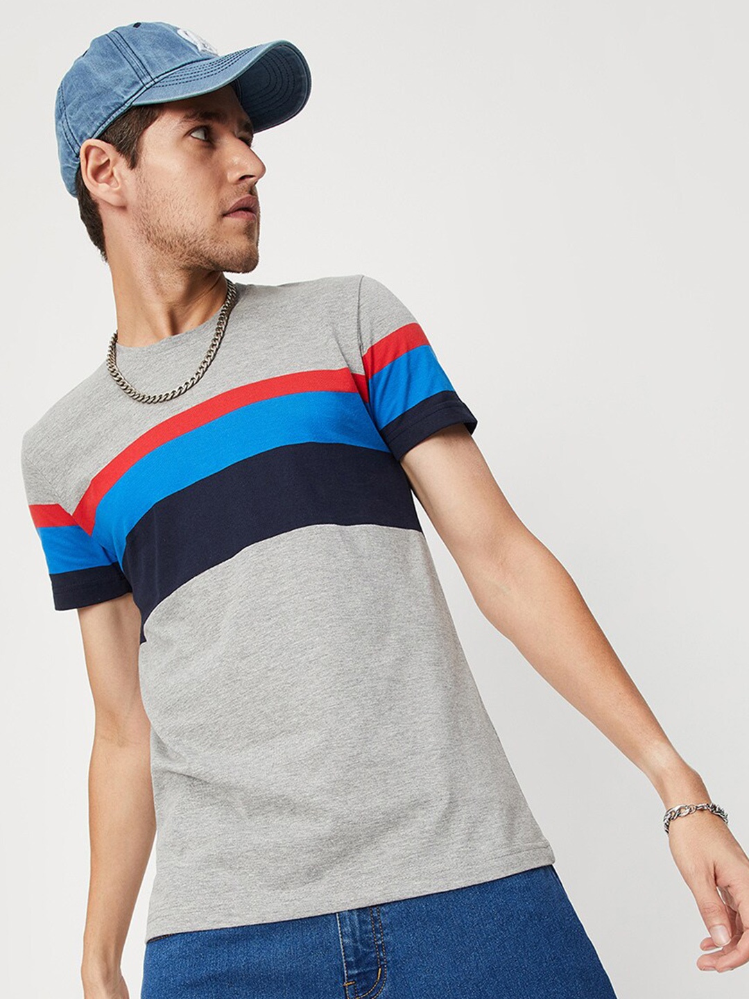 

max Men Grey Cotton Printed Polo Collar T-shirt