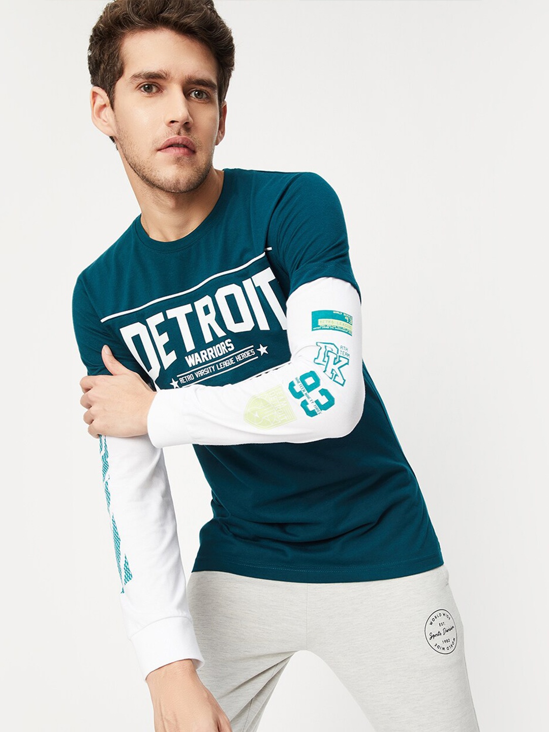 

max Men Teal Cotton Colourblocked T-shirt
