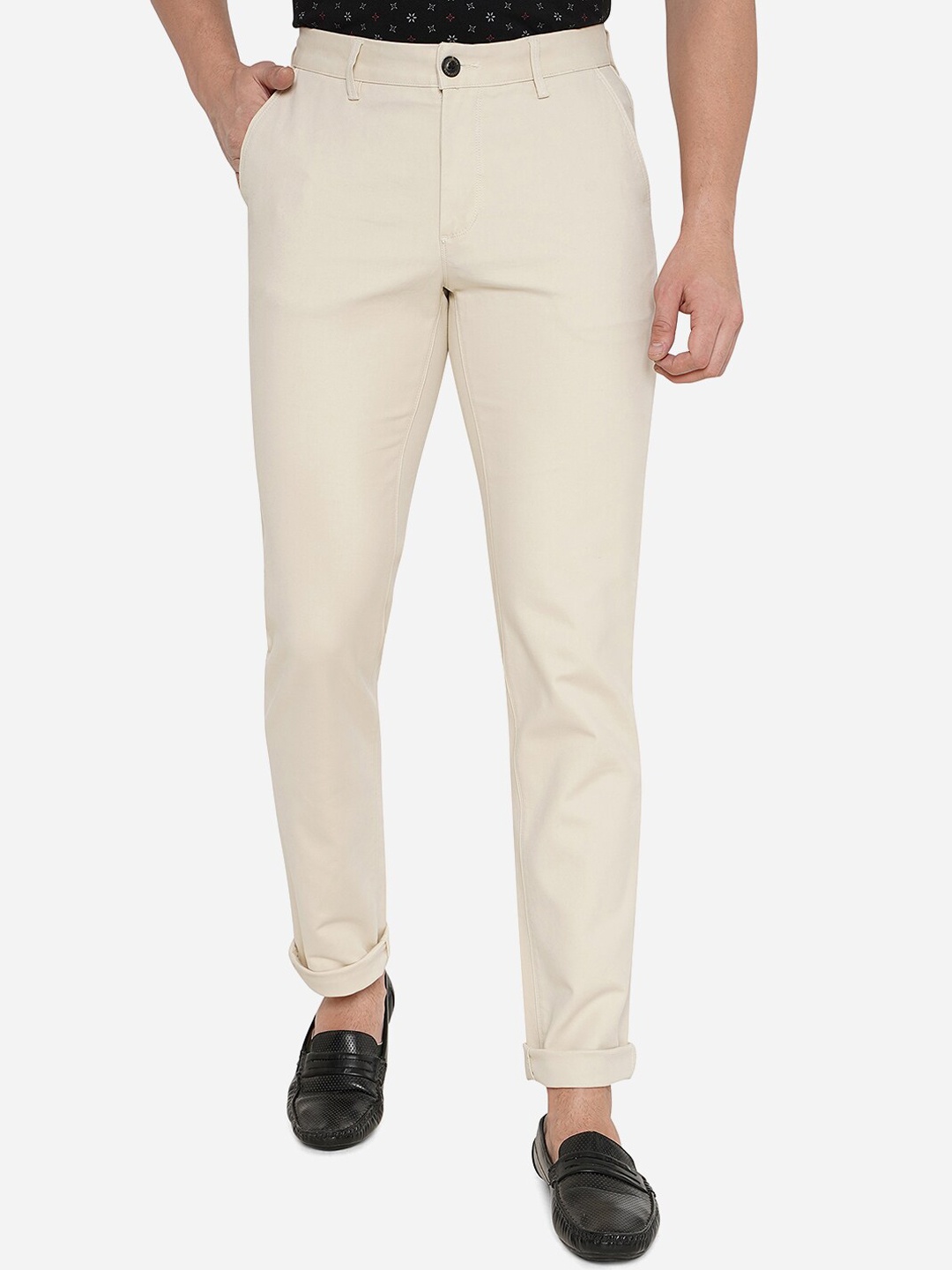 

JADE BLUE Men Cream-Coloured Slim Fit Cotton Chinos Trousers