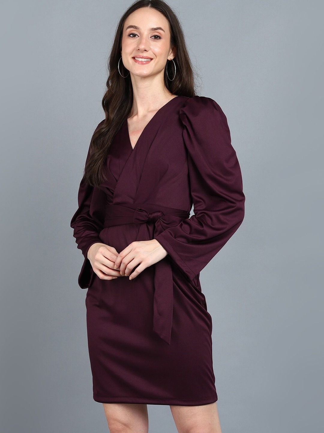 

shashvi Women Purple Belted Sheath V-Neck Dress