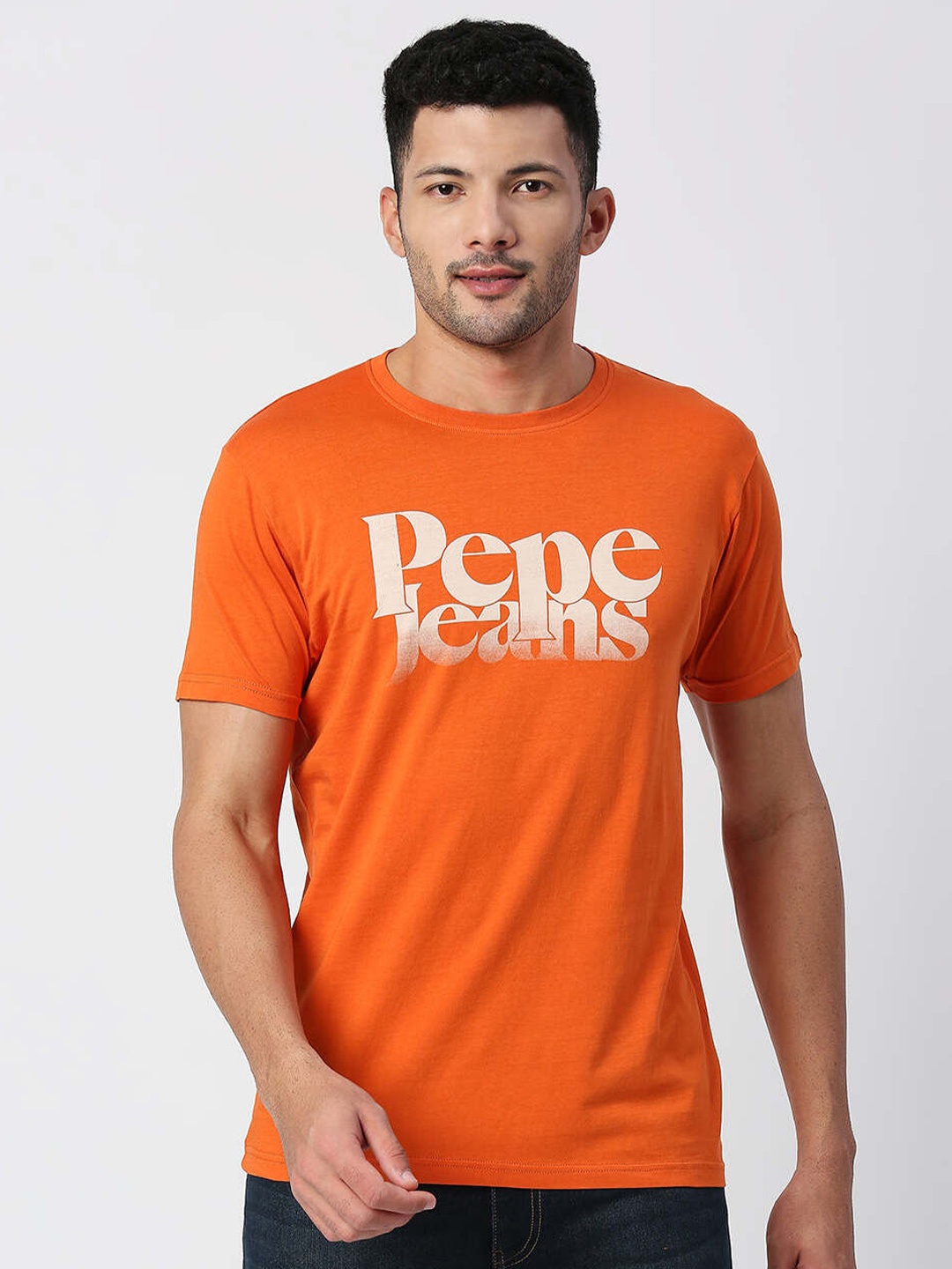 

Pepe Jeans Men Orange Typography Printed Cotton T-shirt