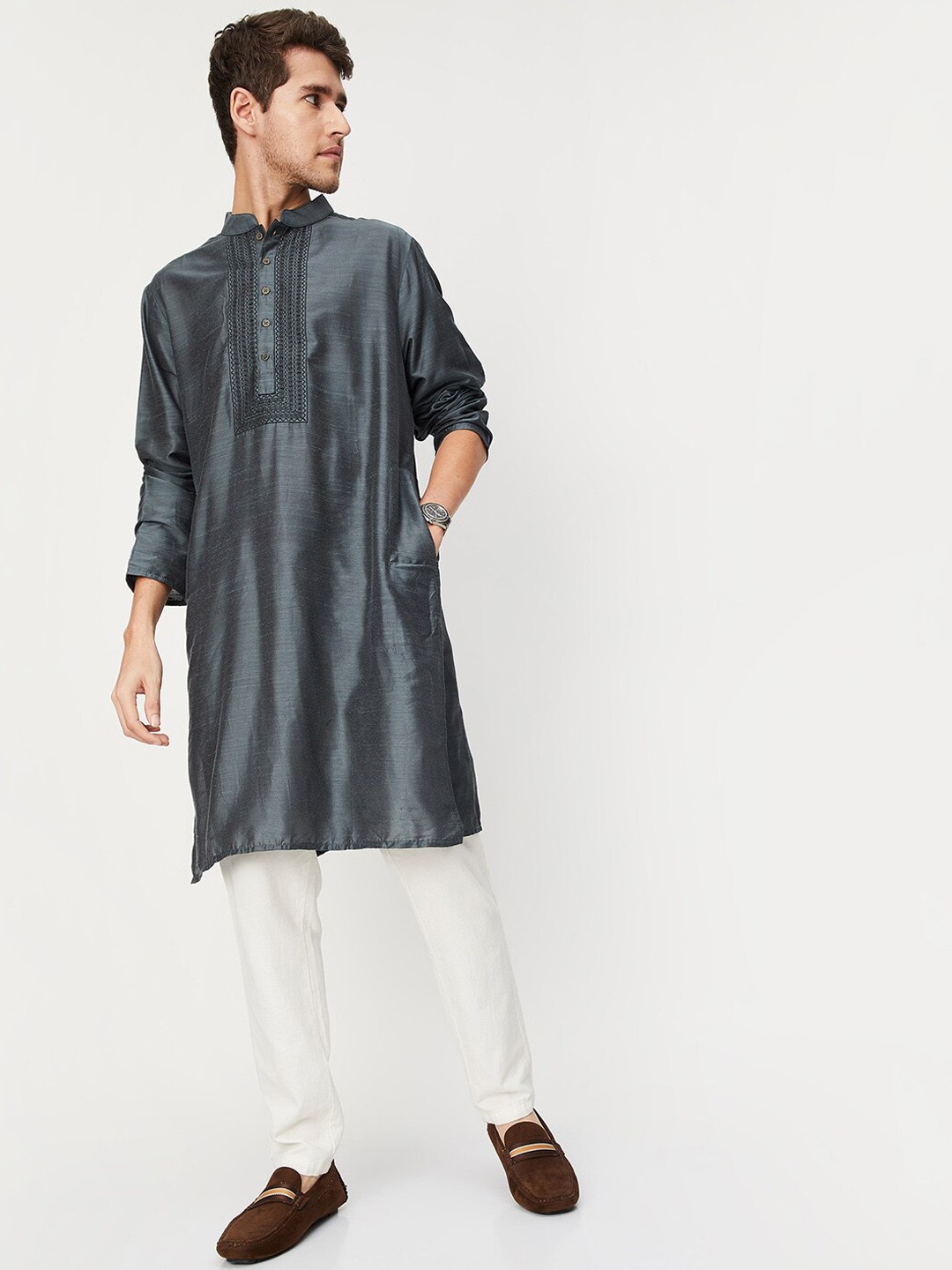 

max Men Mandarin Collar Kurta, Grey