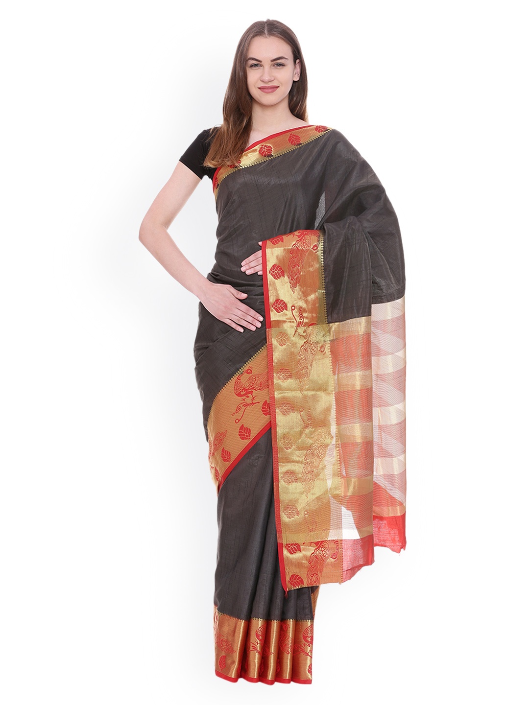 

MIMOSA Black Art Silk Solid Kanjeevaram Saree